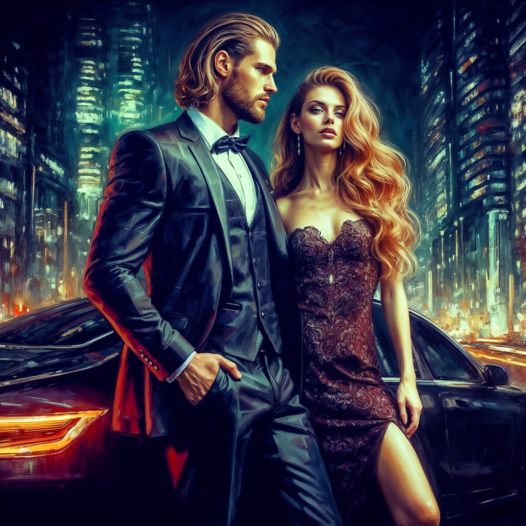 Night city - Neural network art, Illustrations, Art, Lady, Dall-e, Pair, Love, Redheads, Instagram (link), Longpost