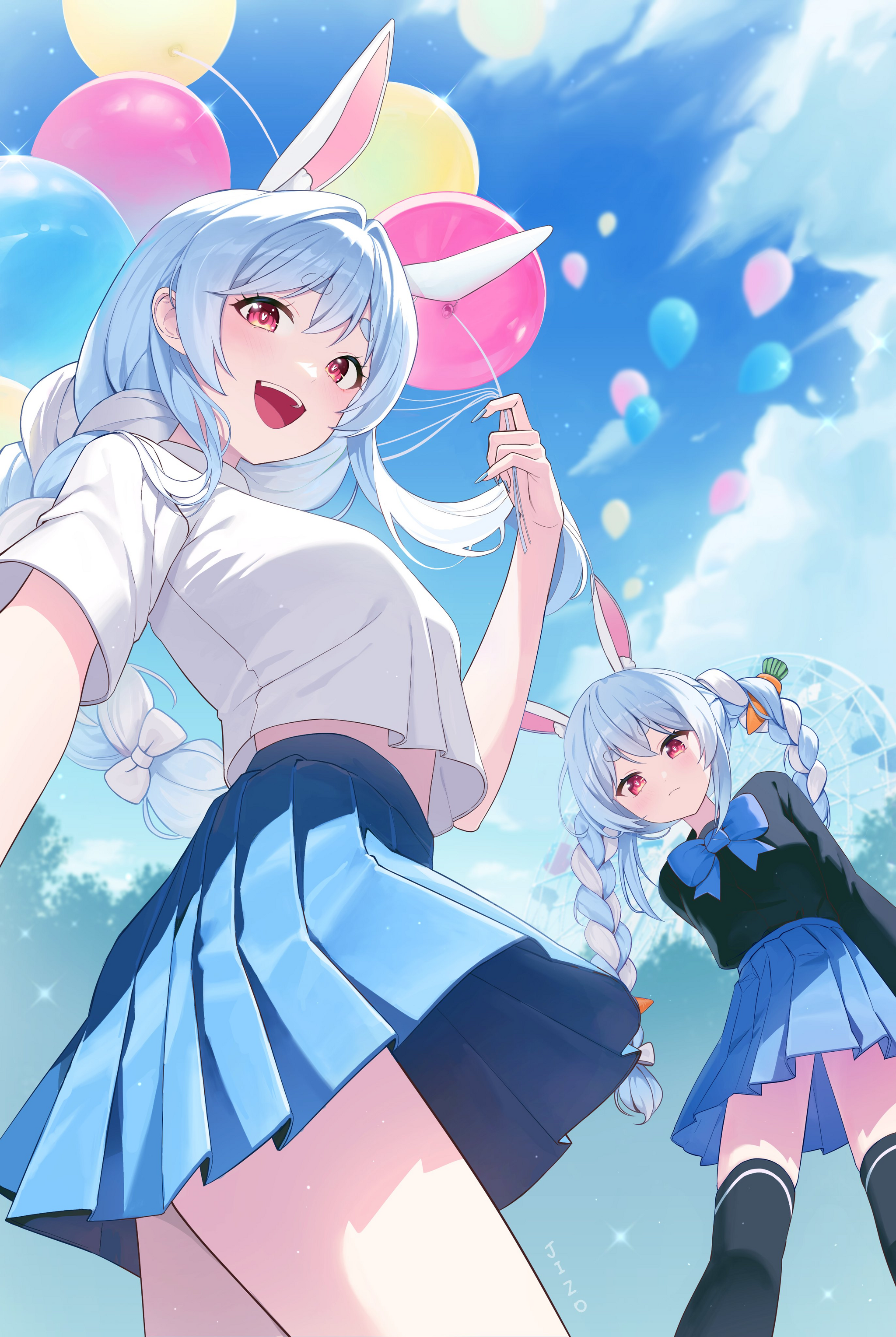 Mother with daughter - Anime, Anime art, Hololive, Virtual youtuber, Usada pekora, Pekomama, School uniform, Animal ears