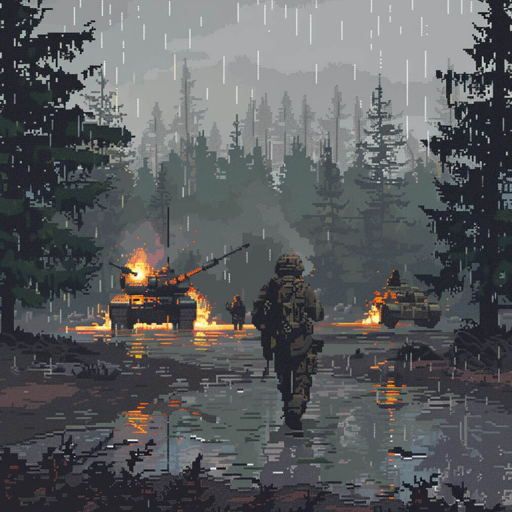 After a stormy night... - My, Art, Neural network art, Нейронные сети, Pixel Art, Army, Tanks, Night, The soldiers, Game art, Dall-e, Longpost