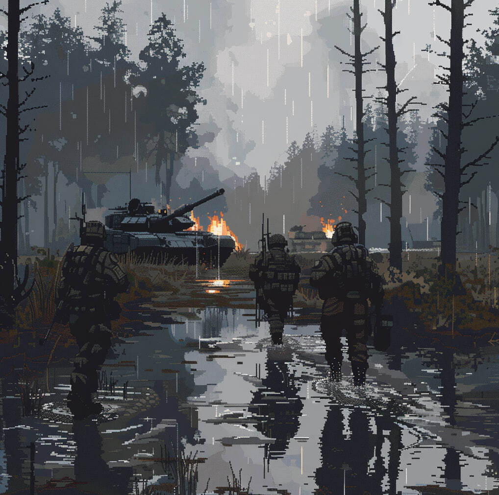 After a stormy night... - My, Art, Neural network art, Нейронные сети, Pixel Art, Army, Tanks, Night, The soldiers, Game art, Dall-e, Longpost