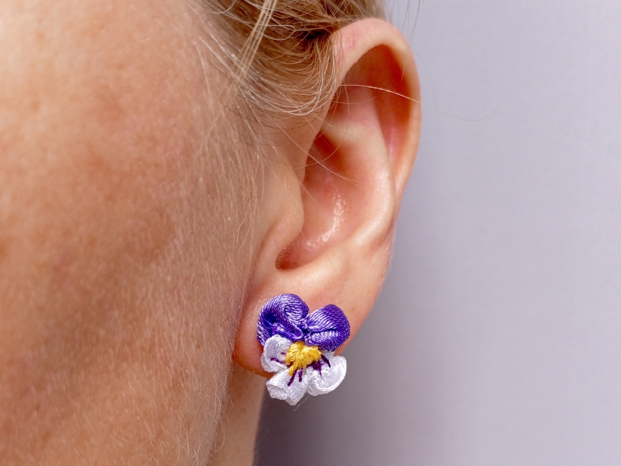 Violet earrings - My, Earrings, Violets, Flowers, Embroidery, Embroidery with ribbons, With your own hands, Decoration, Needlework, Materials for needlework, Needlework with process, Friday tag is mine, Longpost