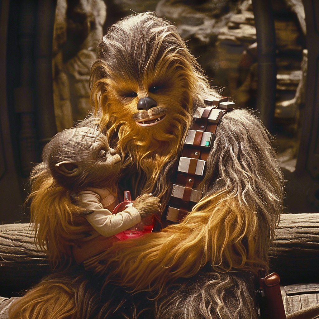 You must take care of the Star Wars family, young Padawan. - My, Midjourney, Neural network art, Artificial Intelligence, Star Wars, Chewbacca, Yoda, Longpost