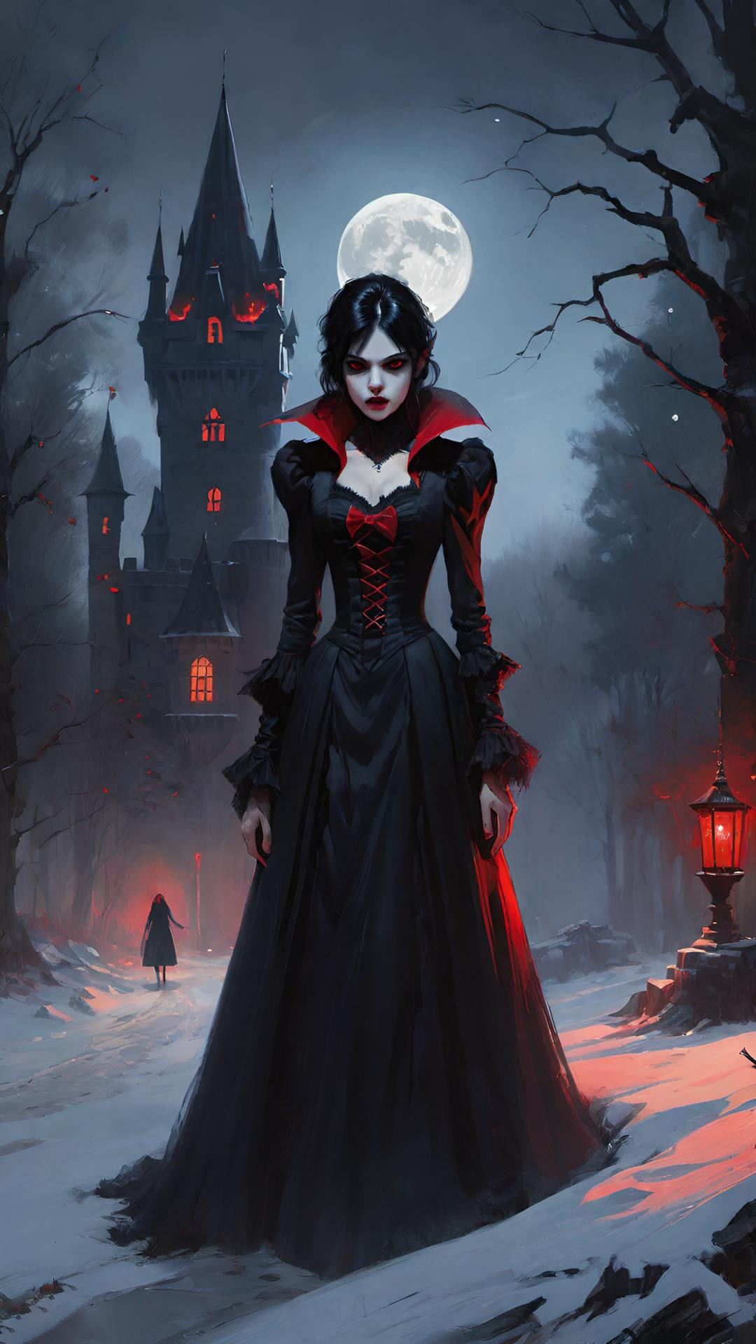 Part 9 - Vampires against the background of the castle - My, Vampyr, moon, Snow, Lock, Gothic, Artificial Intelligence, Neural network art, 2024, Forest, Girls, Vampires, Longpost