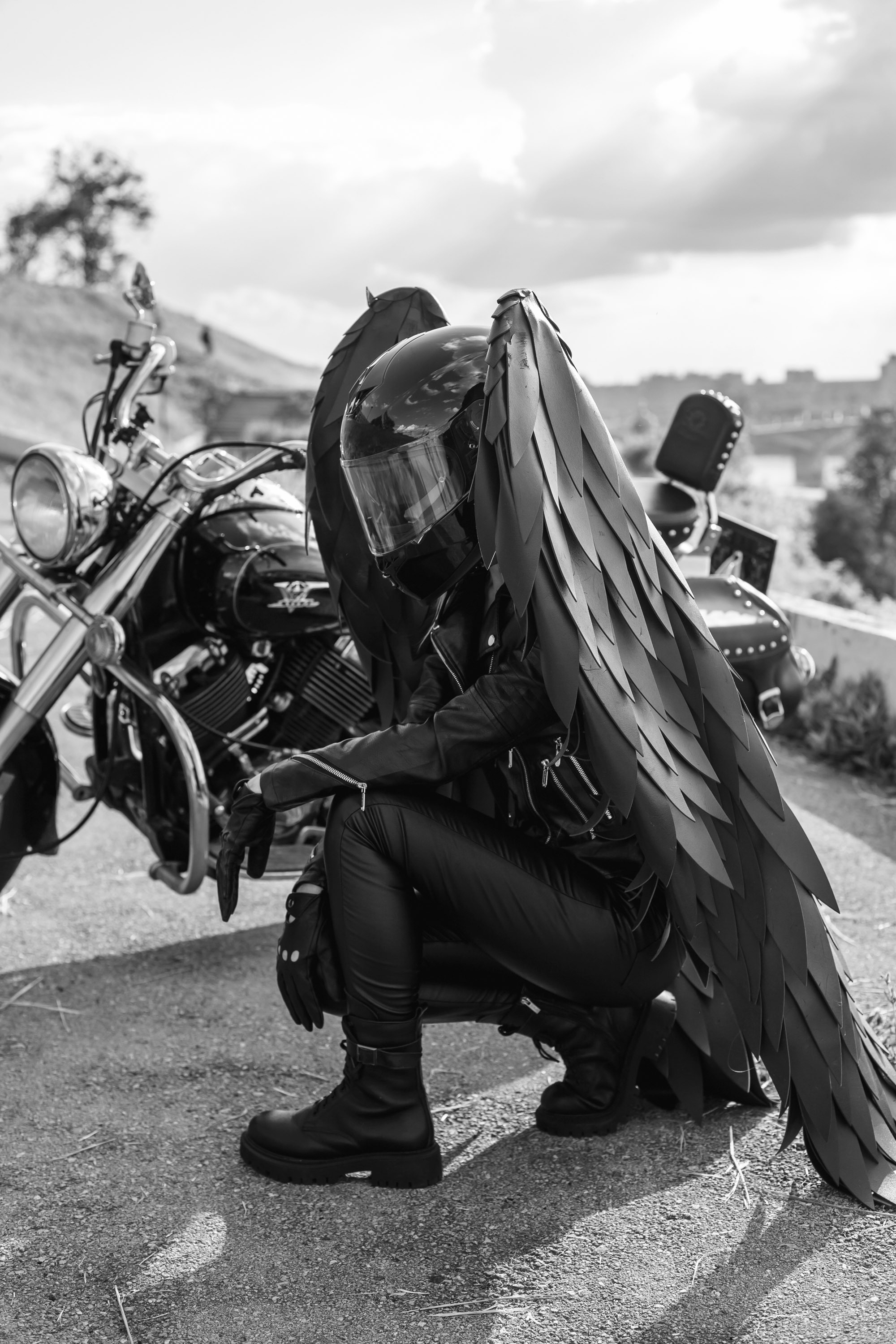 Something gothic and dark... - My, Motorcyclists, Moto, Biker Riding, Girls, PHOTOSESSION, Gloomy, Wings, Angel of Death, Longpost