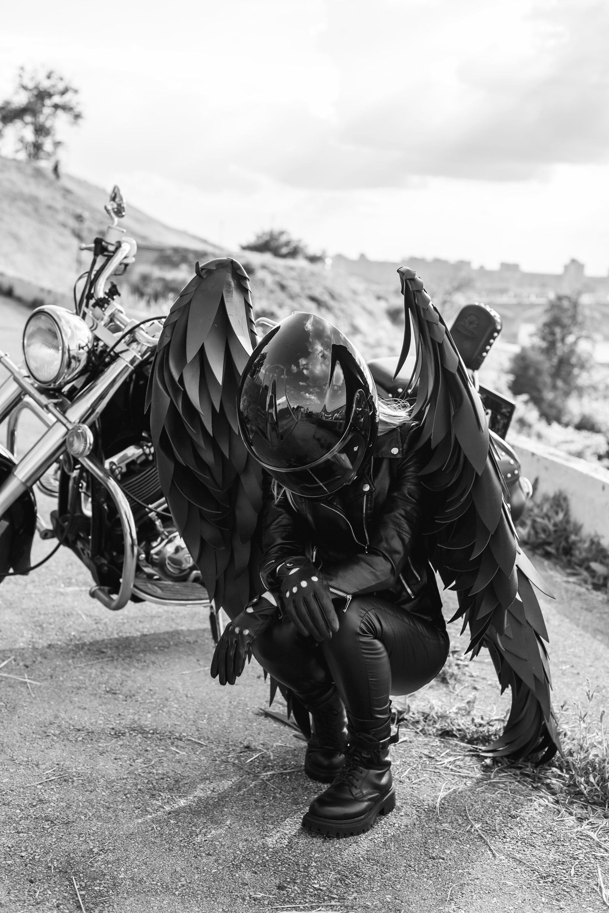 Something gothic and dark... - My, Motorcyclists, Moto, Biker Riding, Girls, PHOTOSESSION, Gloomy, Wings, Angel of Death, Longpost