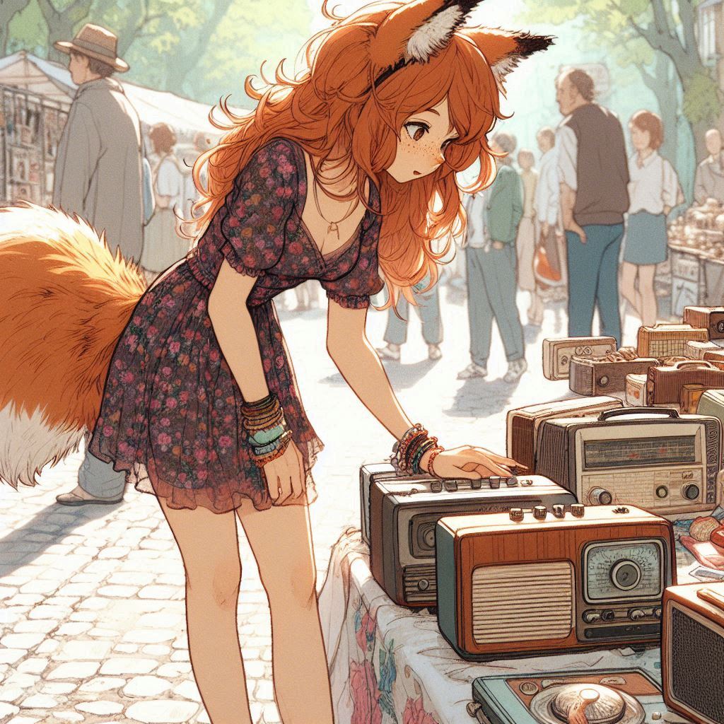 To the flea market! (e01) - My, Neural network art, Нейронные сети, Anime art, Art, Girls, Anime, Original character, Kitsune, Animal ears, Tail, Redheads, Freckles, Swap meet, Summer, Ginger & White, Longpost