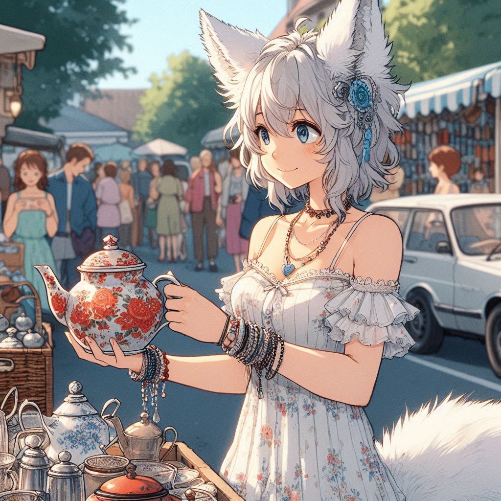 To the flea market! (e01) - My, Neural network art, Нейронные сети, Anime art, Art, Girls, Anime, Original character, Kitsune, Animal ears, Tail, Redheads, Freckles, Swap meet, Summer, Ginger & White, Longpost