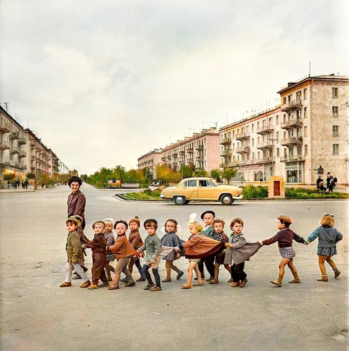 Children of the younger group cross the road. Sumgait. Azerbaijan SSR. 1959 - The photo, Children, the USSR, 50th