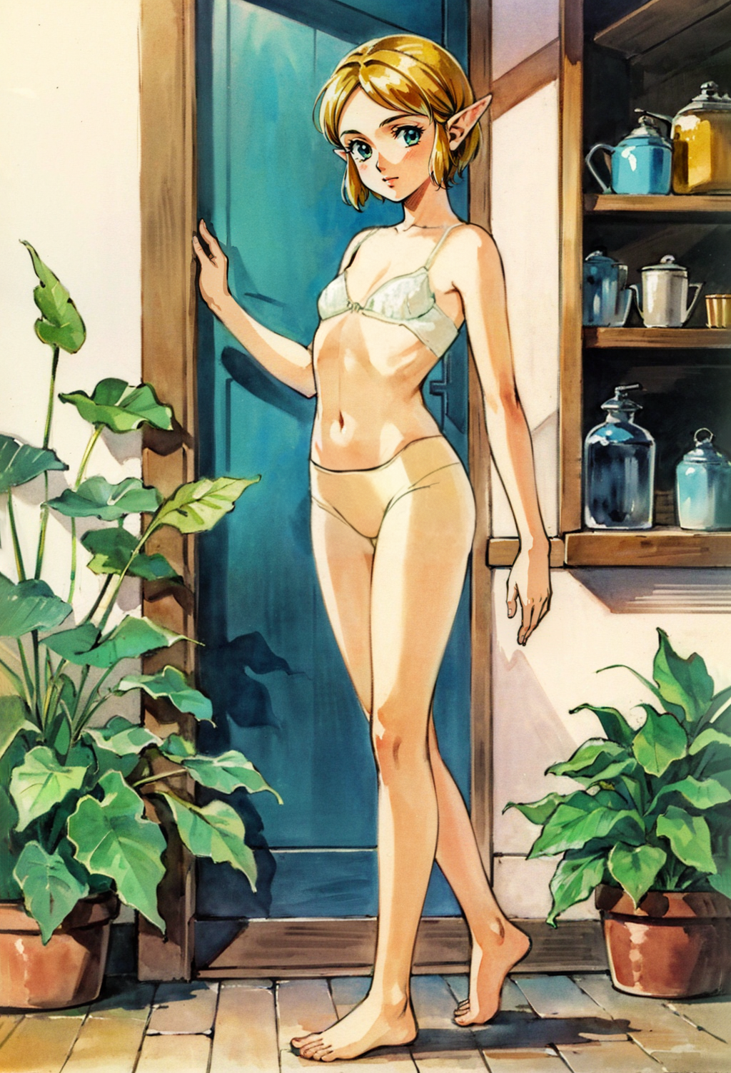 Flower Girl Zelda - My, Anime, Anime art, The legend of zelda, Princess zelda, Nintendo, Elves, Neural network art, Girls, Game art, Art, Blonde, Barefoot, Tenderness, Milota, Plants, Underwear, Flower girl, Stable diffusion