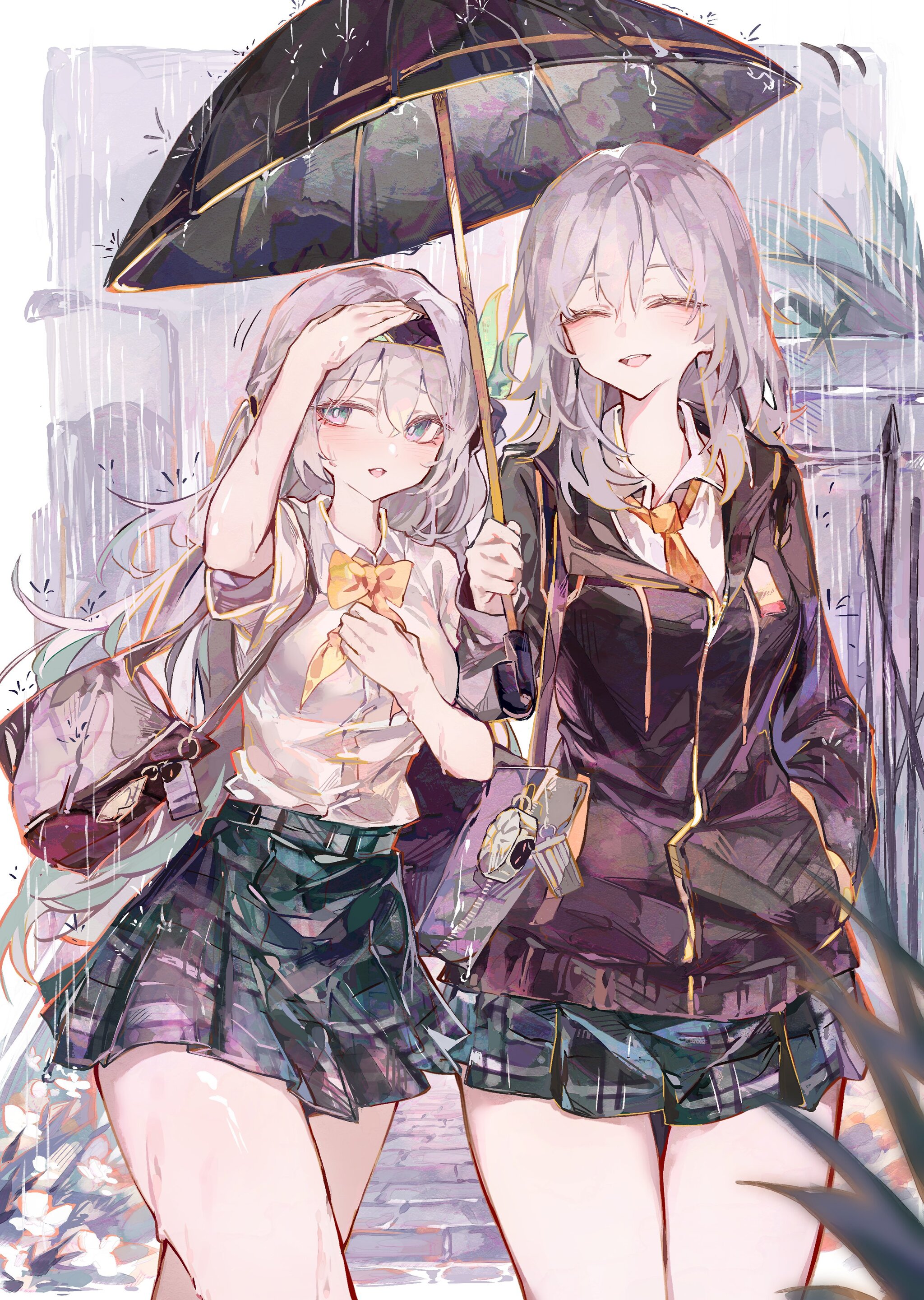 Hotaru and Stella - Anime art, Anime, Firefly (Honkai: Star Rail), Stelle (Honkai: Star Rail), Honkai: Star Rail, Cocoballking, Umbrella, Rain, Seifuku