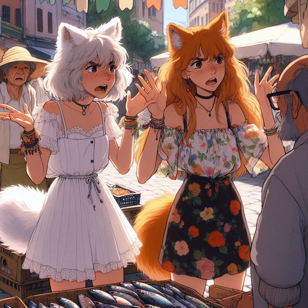 To the flea market! (e01) - My, Neural network art, Нейронные сети, Anime art, Art, Girls, Anime, Original character, Kitsune, Animal ears, Tail, Redheads, Freckles, Swap meet, Summer, Ginger & White, Longpost