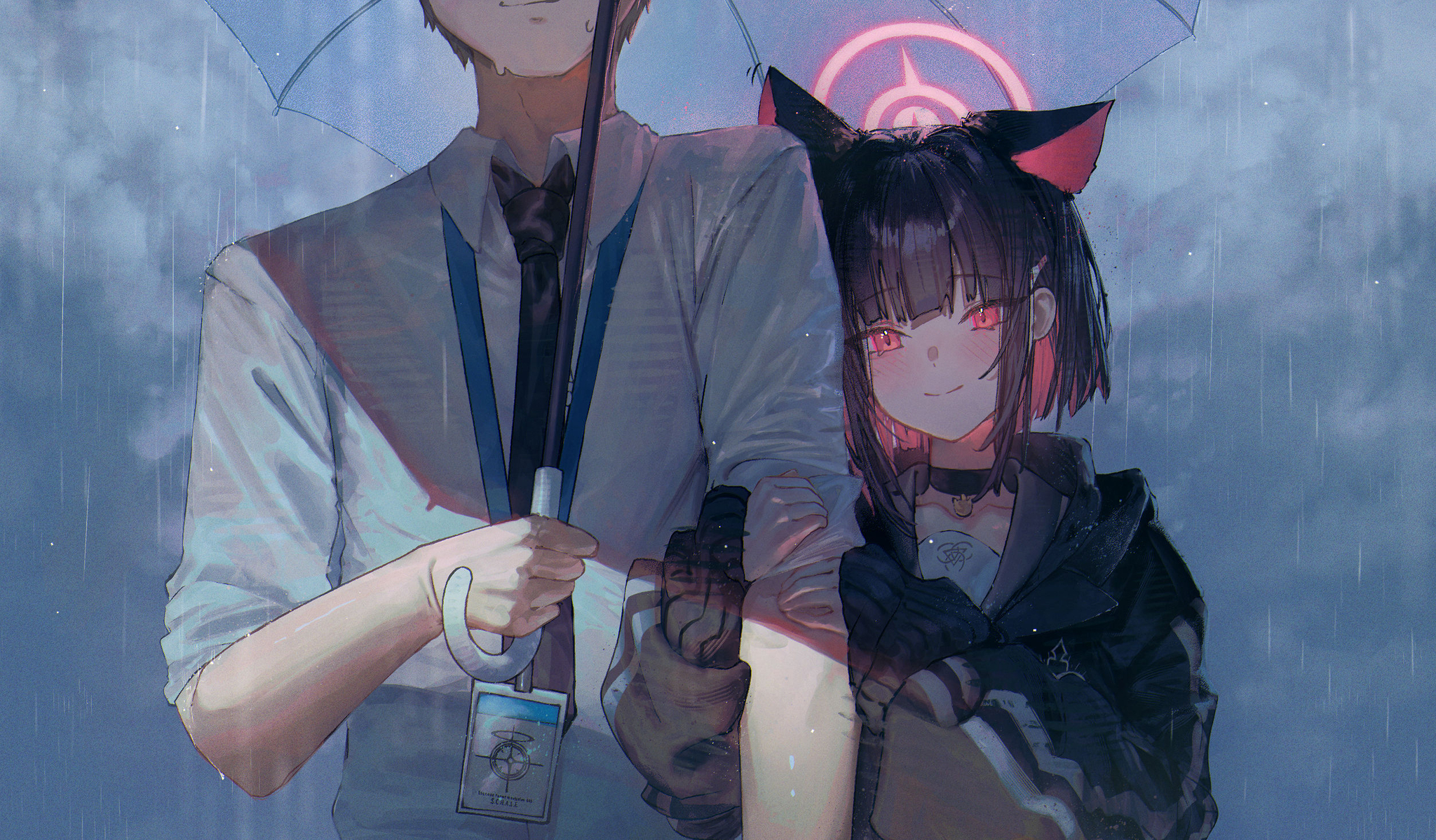 Под дождём - Аниме, Anime Art, Blue archive, Sensei (blue archive), Kyouyama Kazusa, Animal Ears, Неко, Держание за руки