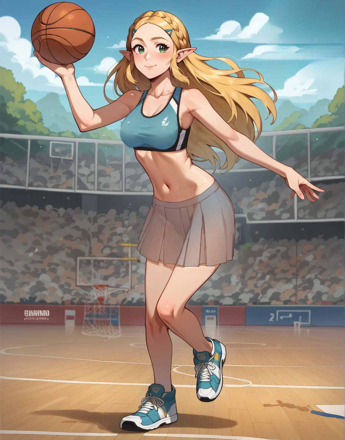 NBA Hyrule - My, The legend of zelda, Princess zelda, Nintendo, Anime, Game art, Anime art, Art, Neural network art, Girls, Midjourney, Phone wallpaper, Blonde, Elves, Characters (edit), Sportswear, Sports girls, Ball, Stadium, Basketball