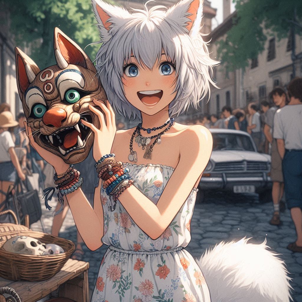 To the flea market! (e01) - My, Neural network art, Нейронные сети, Anime art, Art, Girls, Anime, Original character, Kitsune, Animal ears, Tail, Redheads, Freckles, Swap meet, Summer, Ginger & White, Longpost