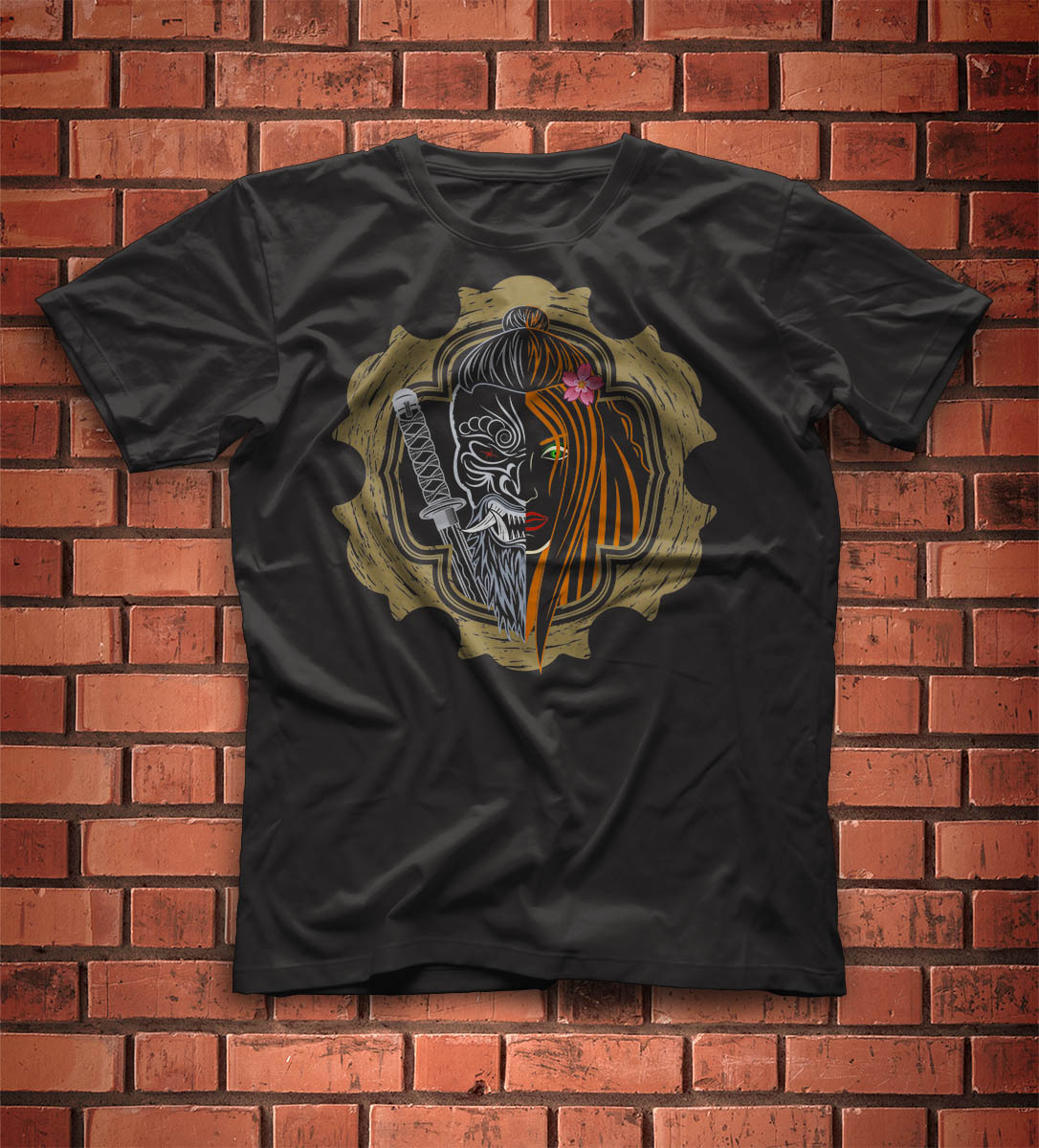 Duality - My, Print, Art, Concept Art, Merch, T-shirt, Inscription, Vector, Girls, Hieroglyphs, Samurai, Demon