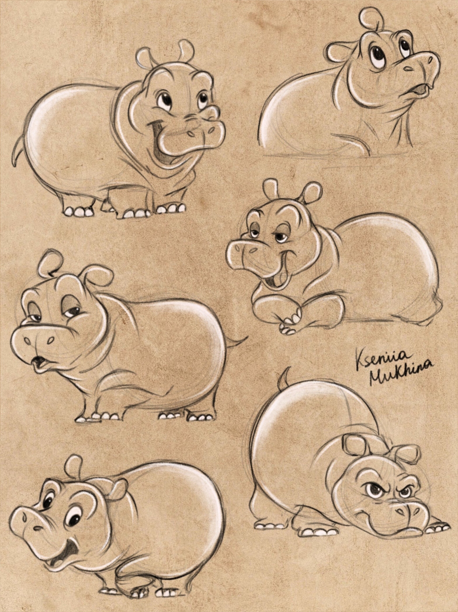 My character sketches (+ video tutorial) - My, Illustrations, Cartoons, Characters (edit), Animation, Walt disney company, Teacher, hippopotamus, Video, Drawing, Vertical video, Longpost