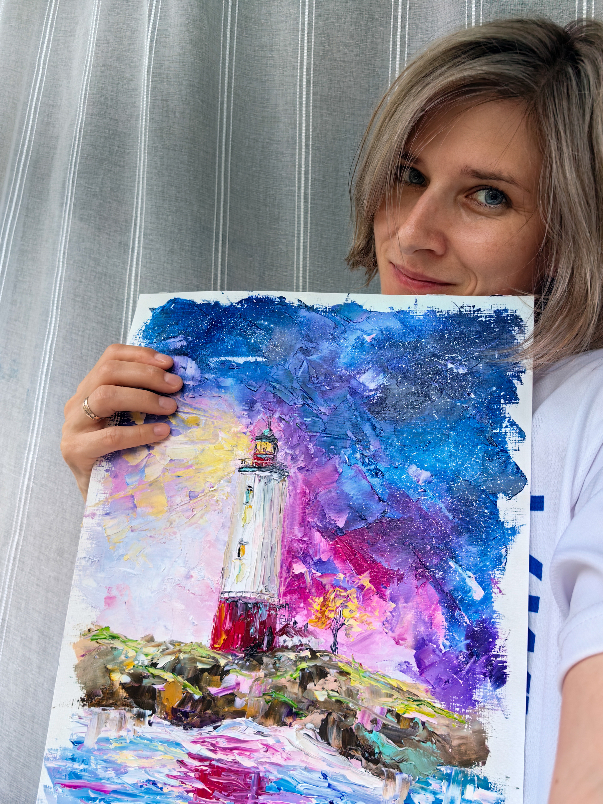 There is happiness in lighthouses - My, Girls, Lighthouse, Painting, dawn, Impressionism, Palette knife