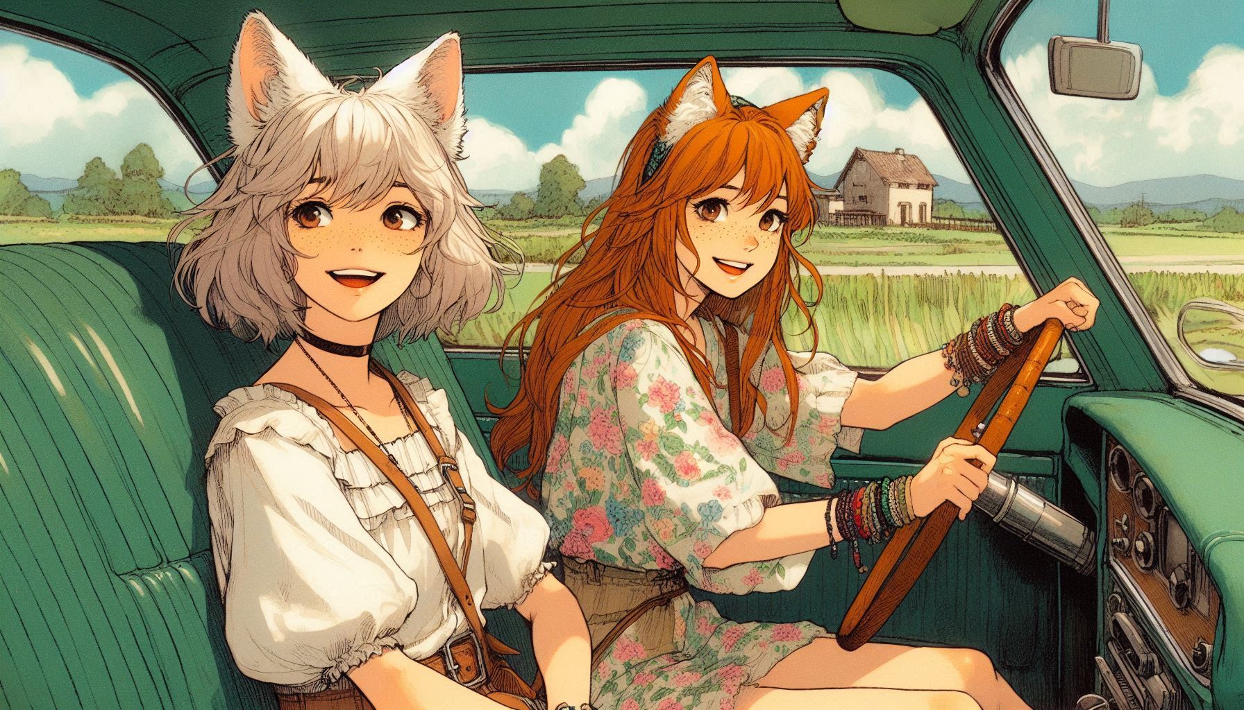 To the flea market! (e01) - My, Neural network art, Нейронные сети, Anime art, Art, Girls, Anime, Original character, Kitsune, Animal ears, Tail, Redheads, Freckles, Swap meet, Summer, Ginger & White, Longpost