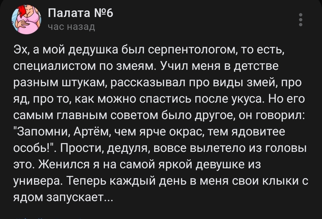 Чем ярче окрас... - Дед, Змея, Скриншот, Палата №6