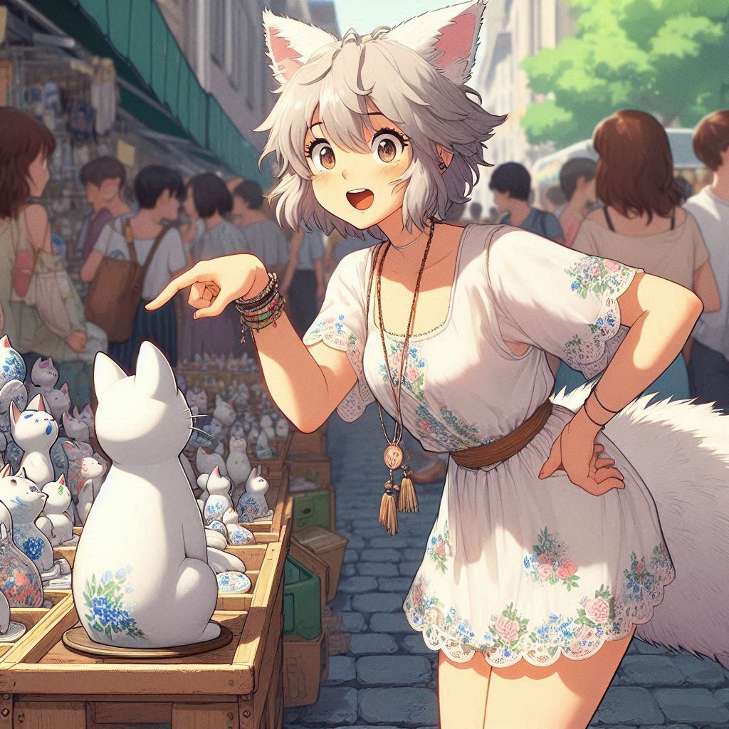 To the flea market! (e01) - My, Neural network art, Нейронные сети, Anime art, Art, Girls, Anime, Original character, Kitsune, Animal ears, Tail, Redheads, Freckles, Swap meet, Summer, Ginger & White, Longpost