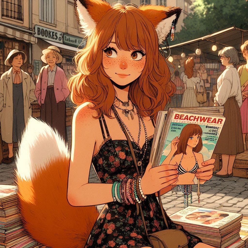 To the flea market! (e01) - My, Neural network art, Нейронные сети, Anime art, Art, Girls, Anime, Original character, Kitsune, Animal ears, Tail, Redheads, Freckles, Swap meet, Summer, Ginger & White, Longpost