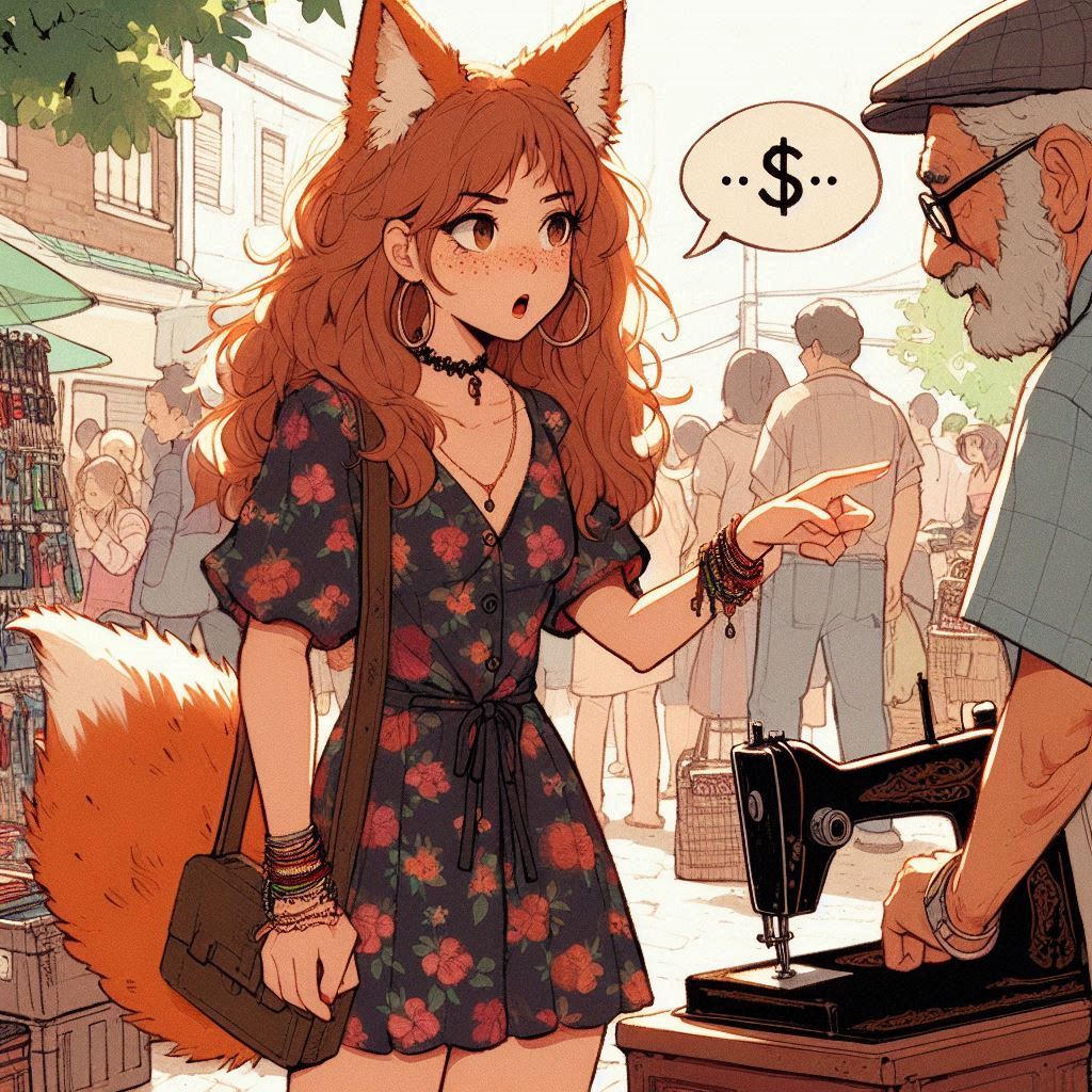 To the flea market! (e01) - My, Neural network art, Нейронные сети, Anime art, Art, Girls, Anime, Original character, Kitsune, Animal ears, Tail, Redheads, Freckles, Swap meet, Summer, Ginger & White, Longpost