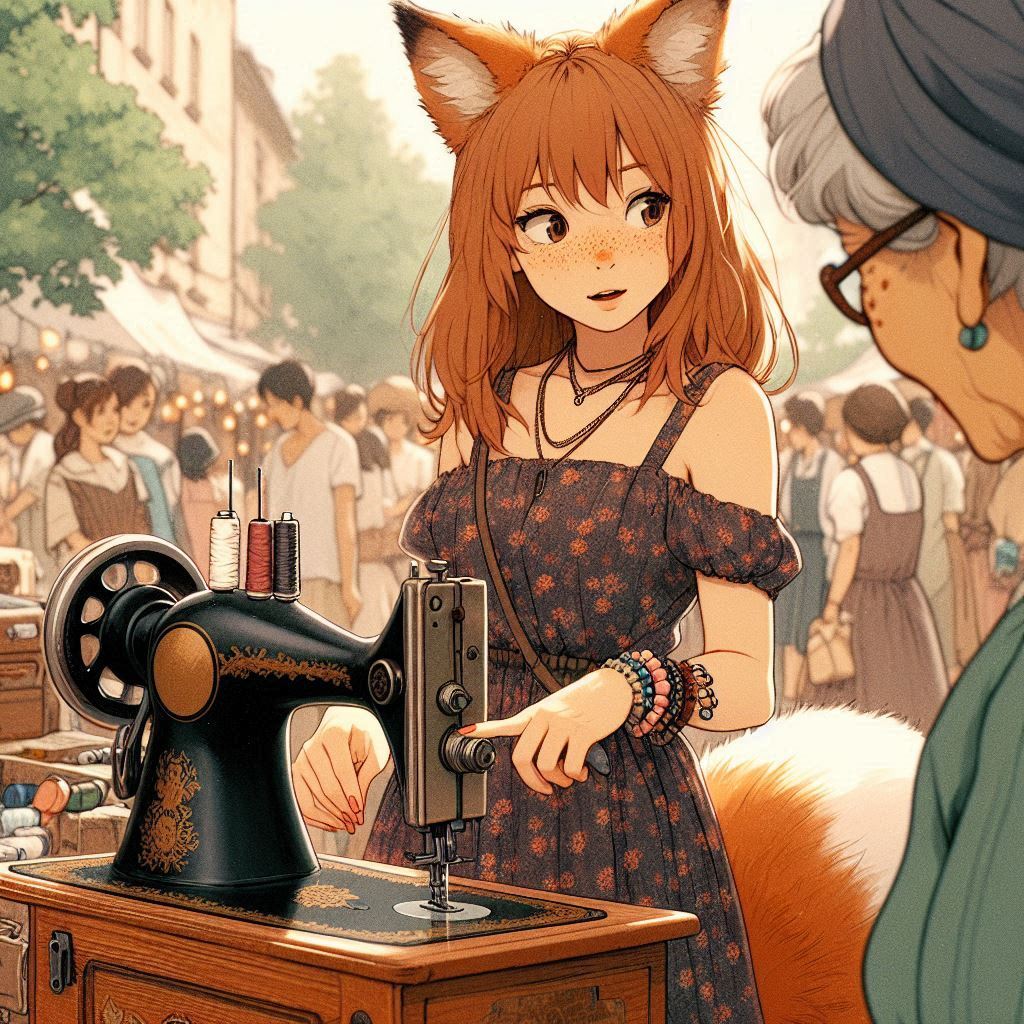 To the flea market! (e01) - My, Neural network art, Нейронные сети, Anime art, Art, Girls, Anime, Original character, Kitsune, Animal ears, Tail, Redheads, Freckles, Swap meet, Summer, Ginger & White, Longpost