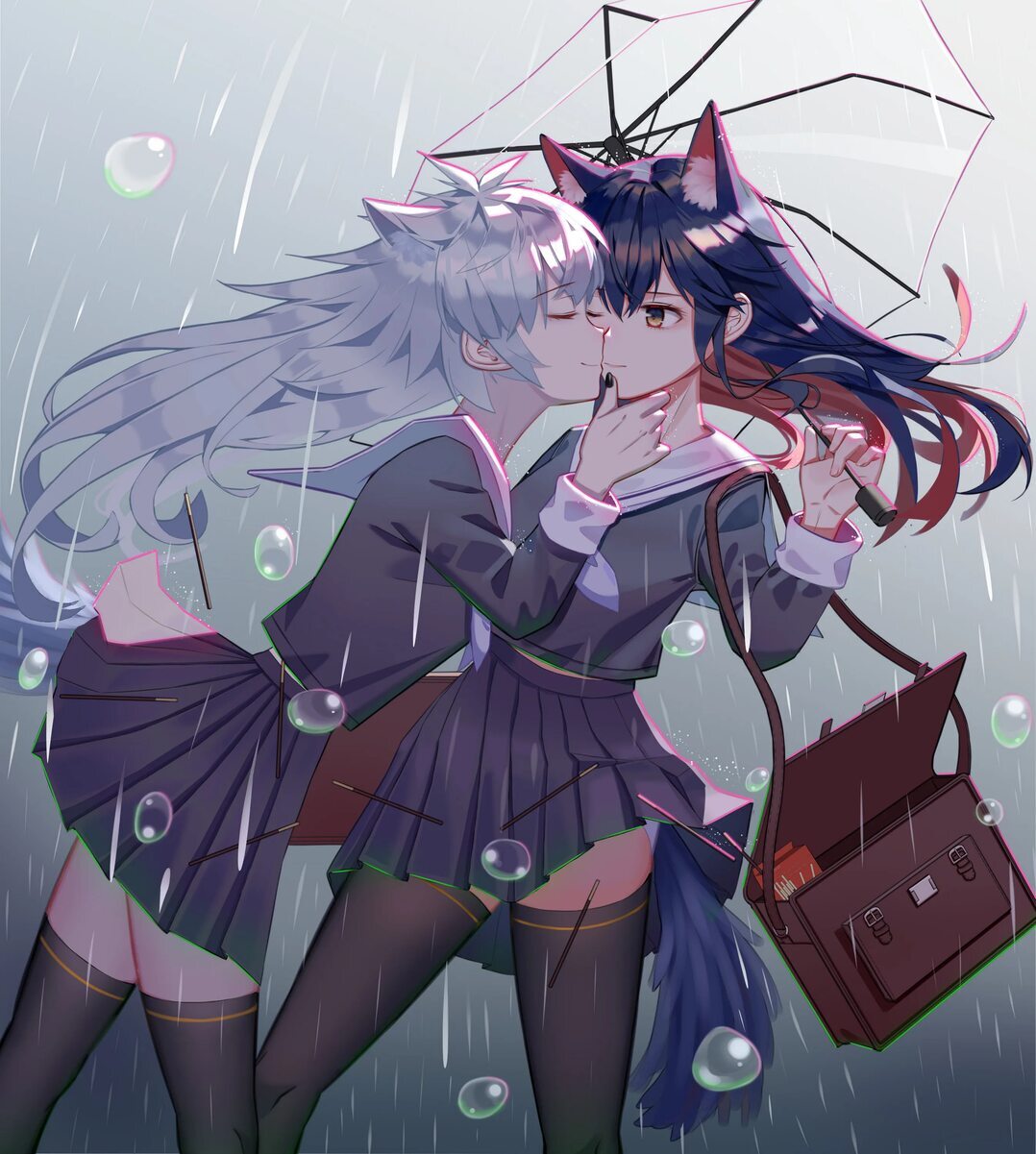 Texas and more - Anime art, Anime, Animal ears, Arknights, Texas (Arknights), Lappland, Seifuku, Rain, Umbrella