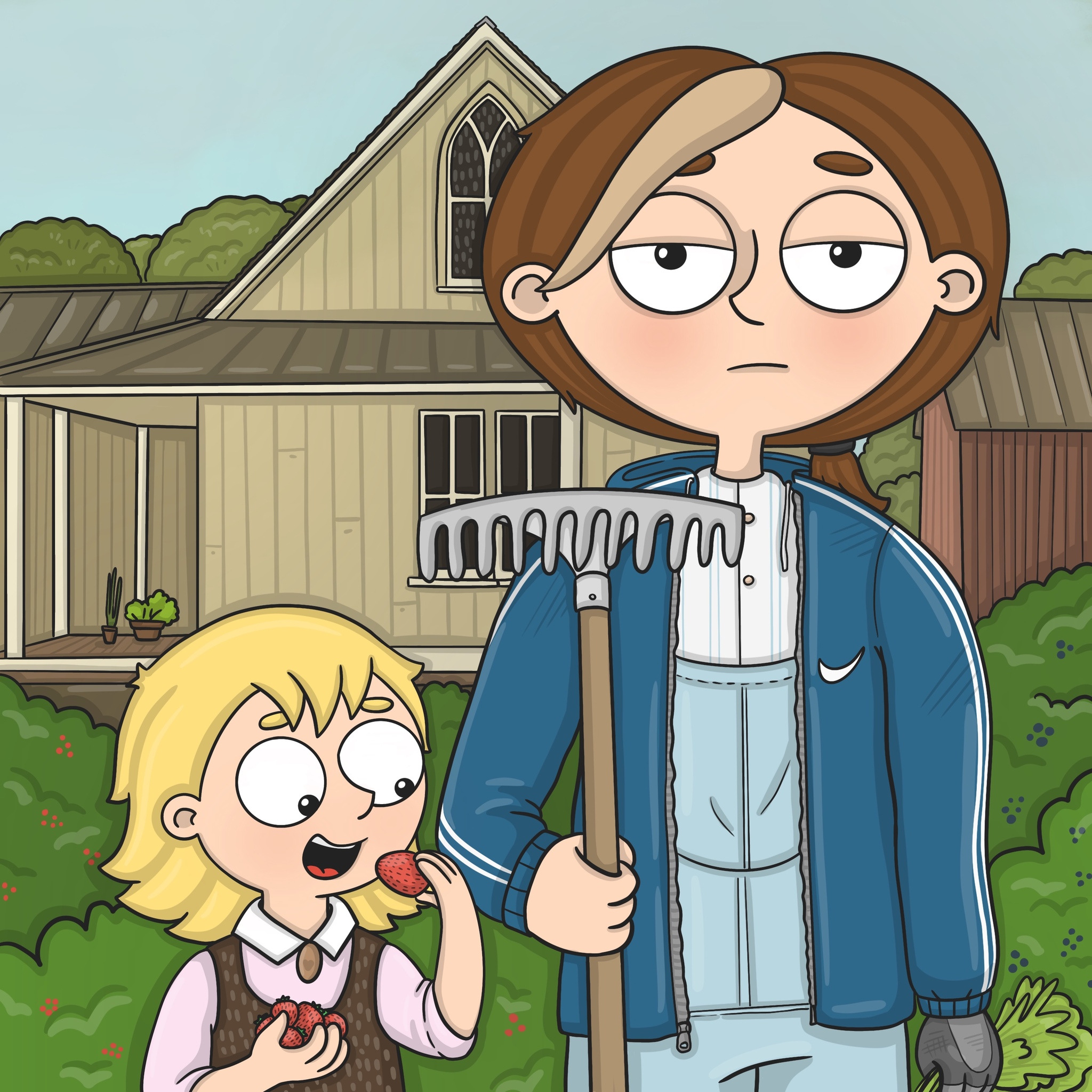 Redrawing of the painting American Gothic - My, Mum, Motherhood, Comics, Parents, Children