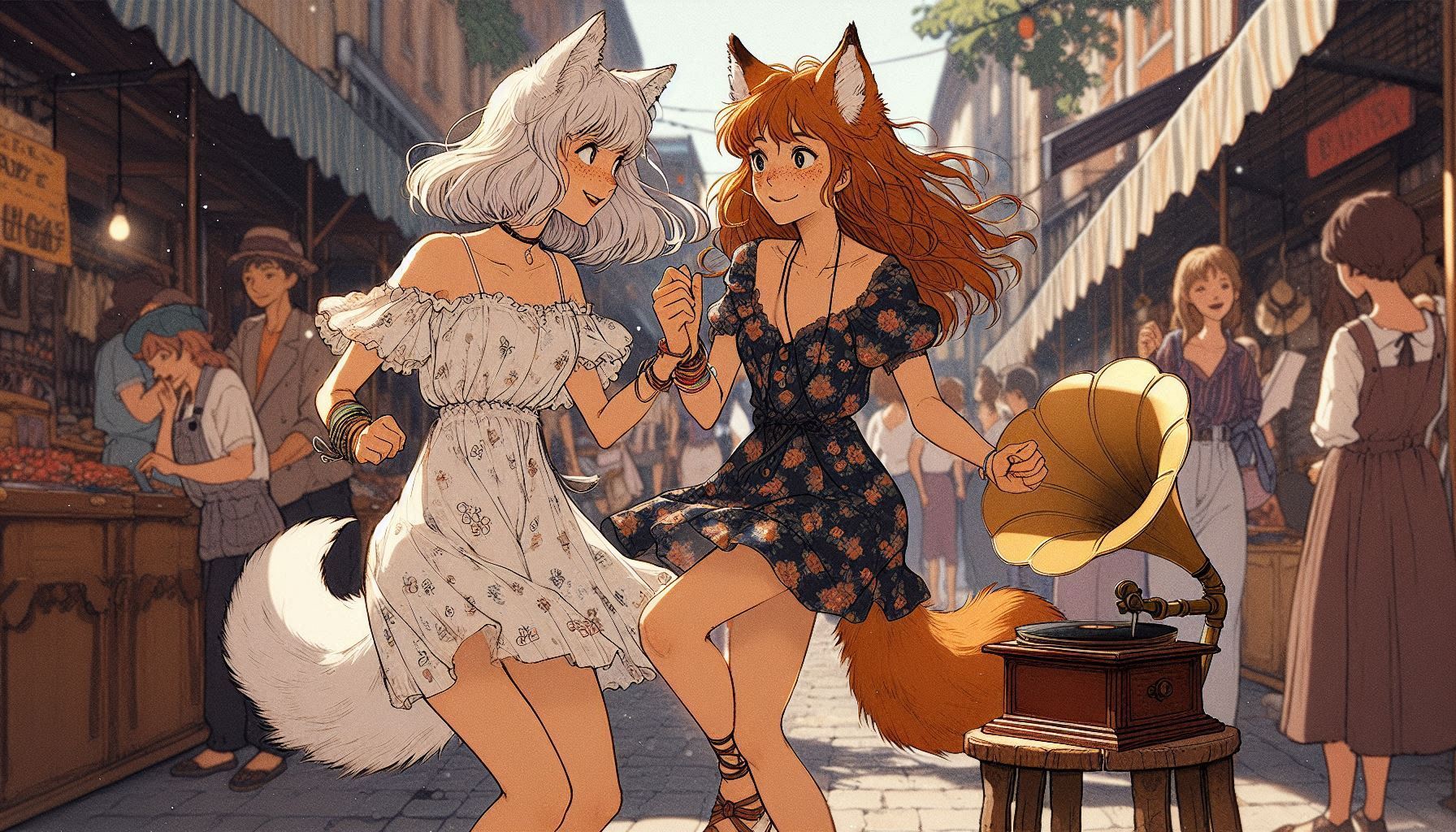 To the flea market! (e01) - My, Neural network art, Нейронные сети, Anime art, Art, Girls, Anime, Original character, Kitsune, Animal ears, Tail, Redheads, Freckles, Swap meet, Summer, Ginger & White, Longpost