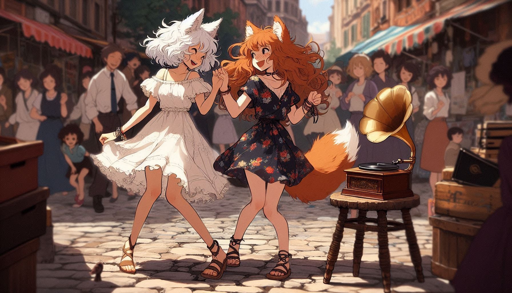 To the flea market! (e01) - My, Neural network art, Нейронные сети, Anime art, Art, Girls, Anime, Original character, Kitsune, Animal ears, Tail, Redheads, Freckles, Swap meet, Summer, Ginger & White, Longpost