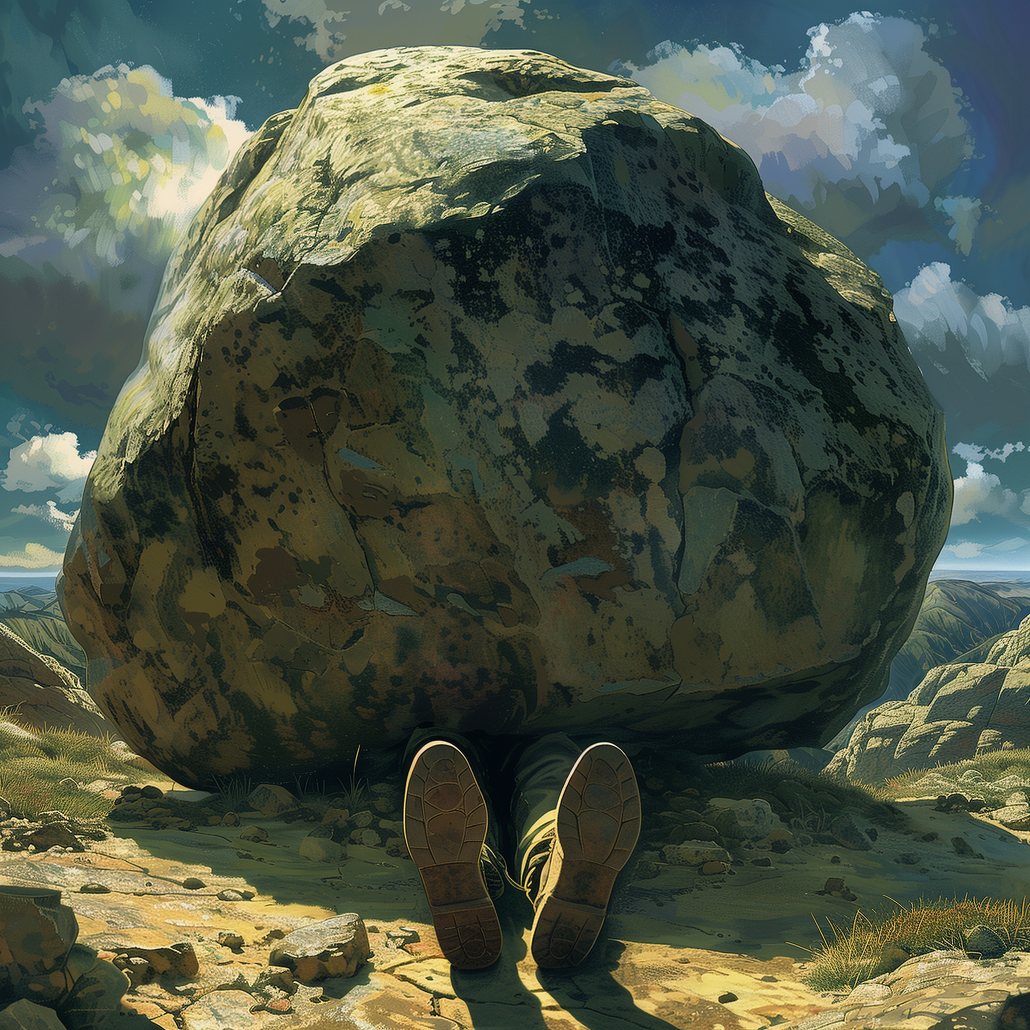 Sisyphus' corpse - My, Humor, Neural network art, Wordplay, Pun, Нейронные сети, Sisyphus, A rock, Absurd, Strange humor, Images, Midjourney, Dead body, Cobble, Boulder