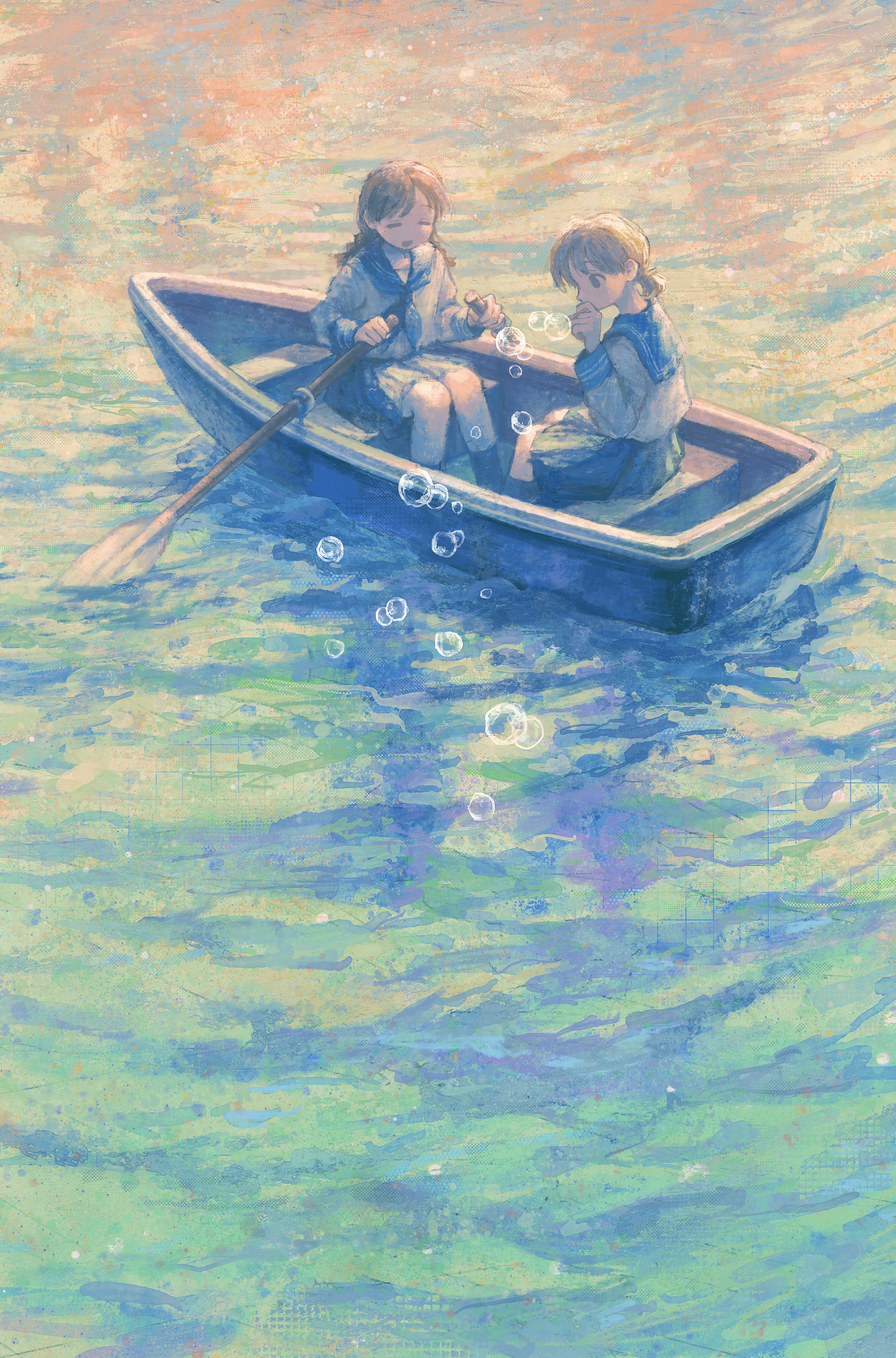 Two in a boat - Anime, Anime art, Original character, Seifuku, Girls, Schoolgirls, A boat, Bubble