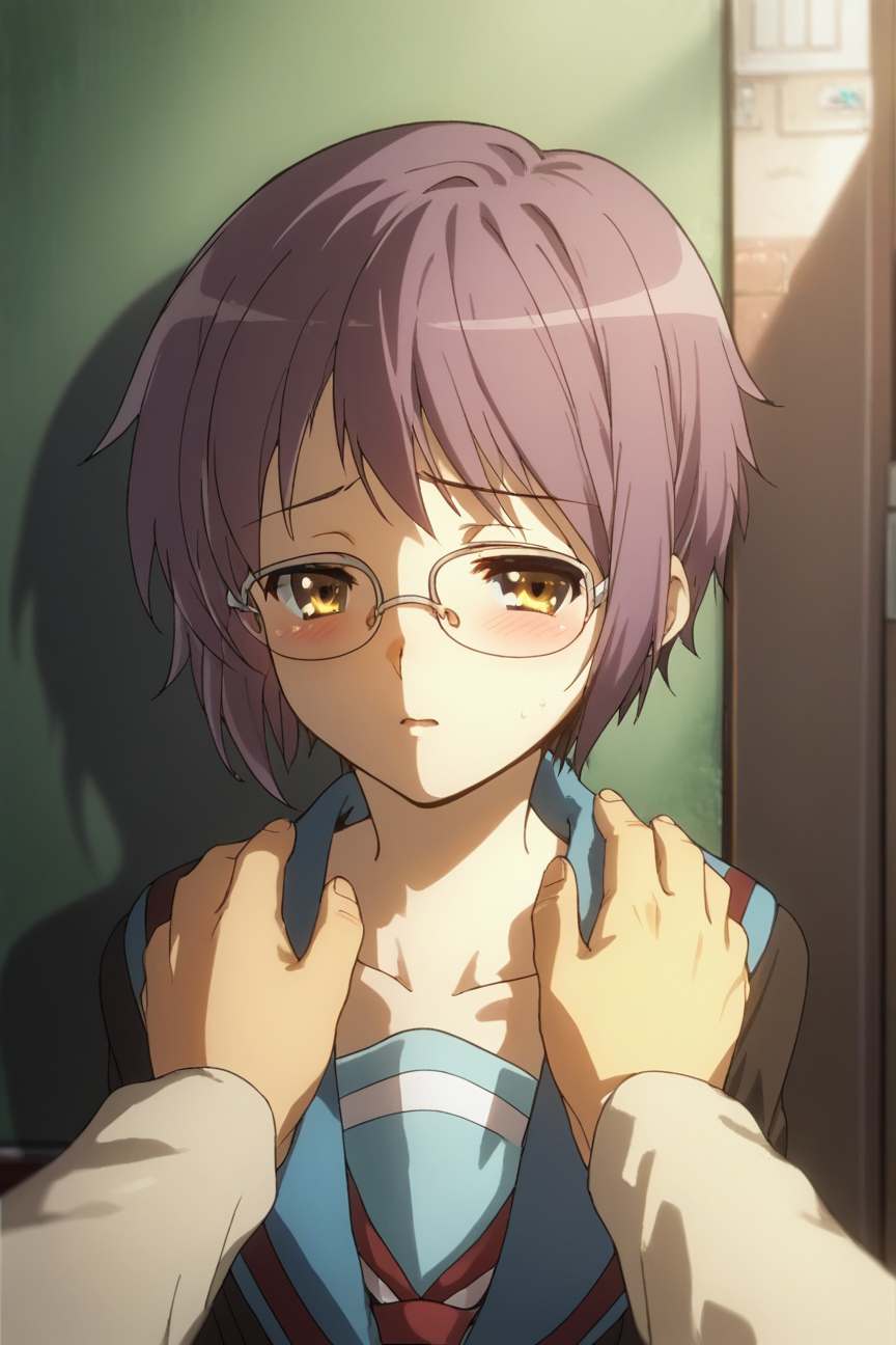 Snowflake - My, Anime, Stable diffusion, Art, Women, Nagato Yuki, Purple hair, Glasses, Milota, Artificial Intelligence, Sadness, Snowflake, Kyoto Animation, Swimsuit, Shyness, Longpost