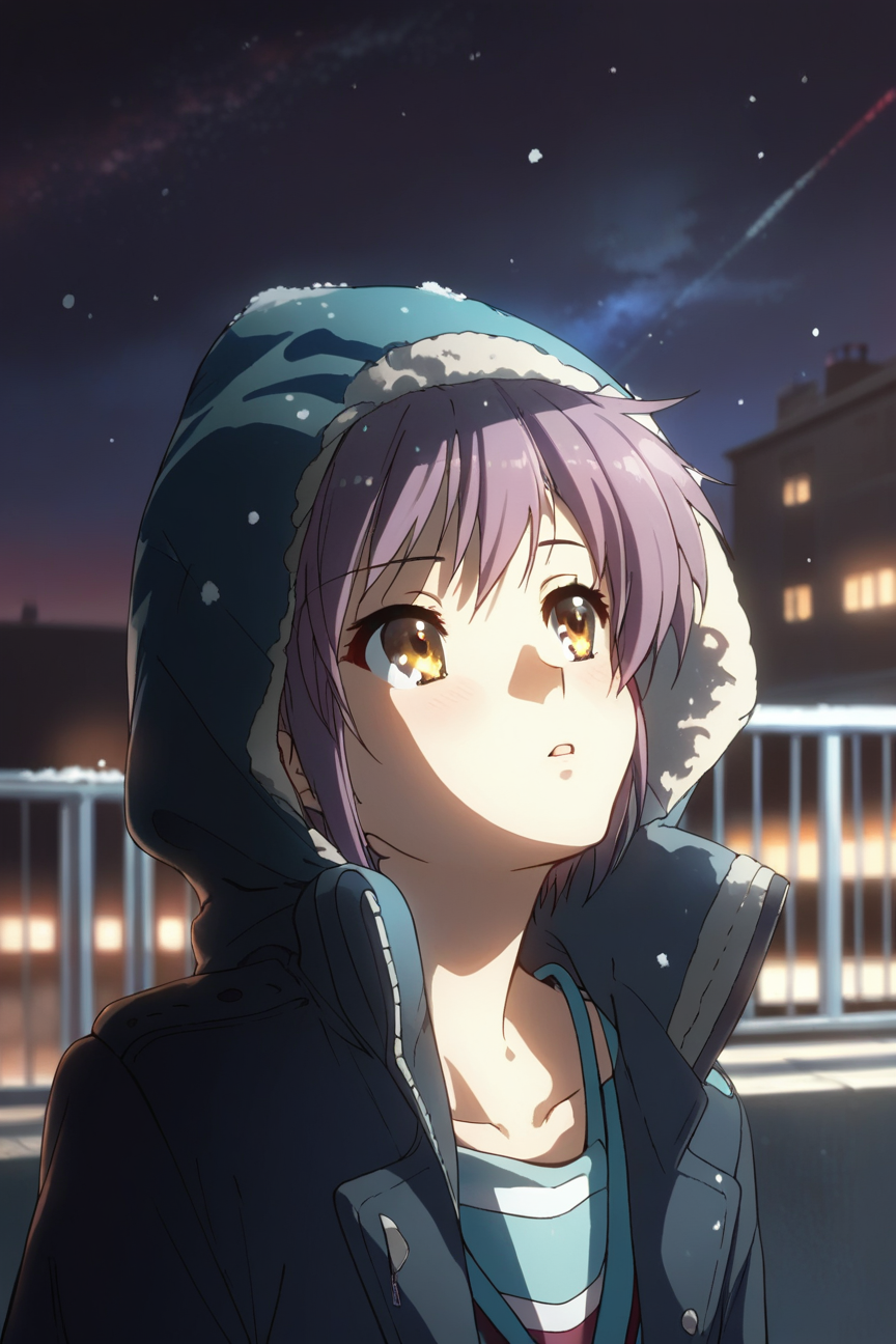 Snowflake - My, Anime, Stable diffusion, Art, Women, Nagato Yuki, Purple hair, Glasses, Milota, Artificial Intelligence, Sadness, Snowflake, Kyoto Animation, Swimsuit, Shyness, Longpost