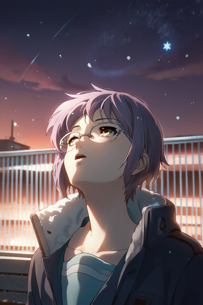 Snowflake - My, Anime, Stable diffusion, Art, Women, Nagato Yuki, Purple hair, Glasses, Milota, Artificial Intelligence, Sadness, Snowflake, Kyoto Animation, Swimsuit, Shyness, Longpost