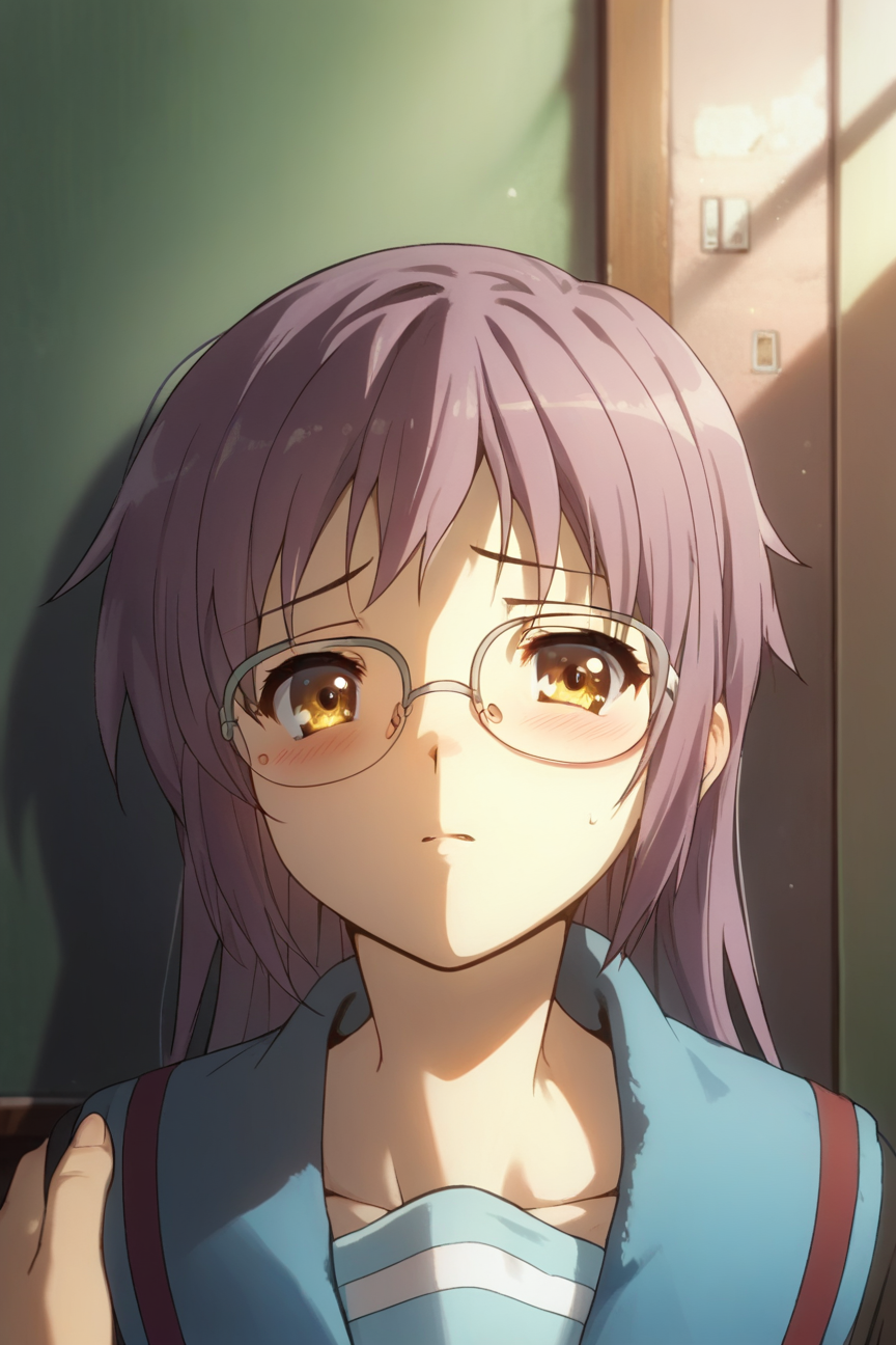 Snowflake - My, Anime, Stable diffusion, Art, Women, Nagato Yuki, Purple hair, Glasses, Milota, Artificial Intelligence, Sadness, Snowflake, Kyoto Animation, Swimsuit, Shyness, Longpost