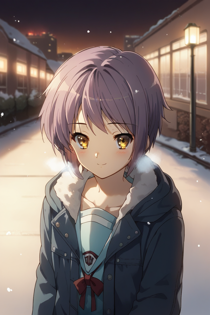 Snowflake - My, Anime, Stable diffusion, Art, Women, Nagato Yuki, Purple hair, Glasses, Milota, Artificial Intelligence, Sadness, Snowflake, Kyoto Animation, Swimsuit, Shyness, Longpost