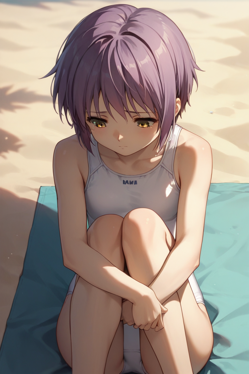 Snowflake - My, Anime, Stable diffusion, Art, Women, Nagato Yuki, Purple hair, Glasses, Milota, Artificial Intelligence, Sadness, Snowflake, Kyoto Animation, Swimsuit, Shyness, Longpost