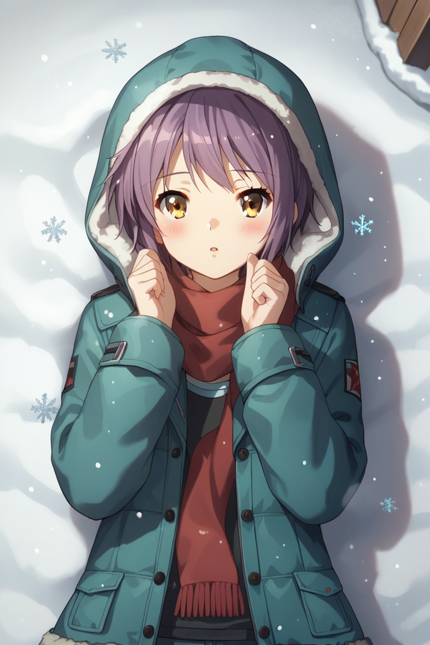 Snowflake - My, Anime, Stable diffusion, Art, Women, Nagato Yuki, Purple hair, Glasses, Milota, Artificial Intelligence, Sadness, Snowflake, Kyoto Animation, Swimsuit, Shyness, Longpost