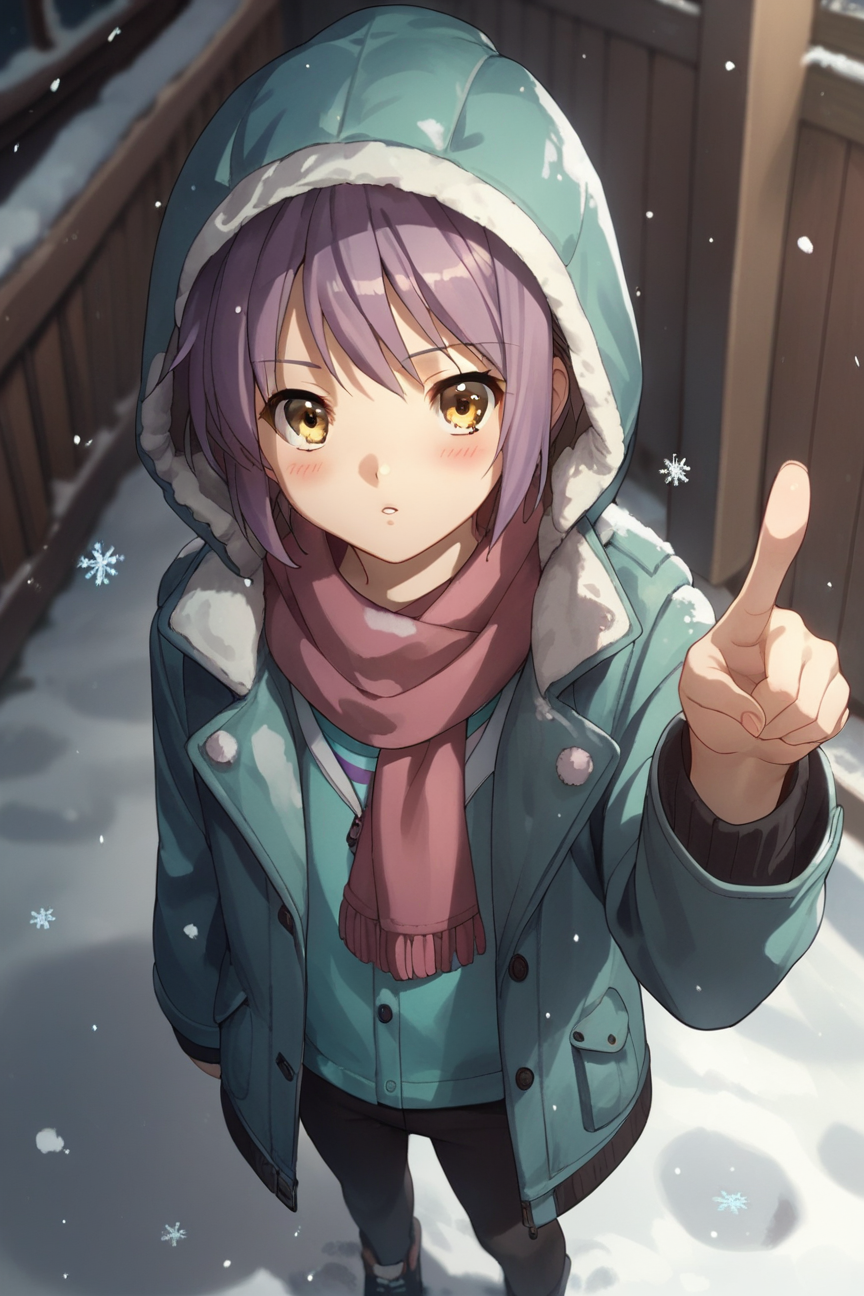 Snowflake - My, Anime, Stable diffusion, Art, Women, Nagato Yuki, Purple hair, Glasses, Milota, Artificial Intelligence, Sadness, Snowflake, Kyoto Animation, Swimsuit, Shyness, Longpost