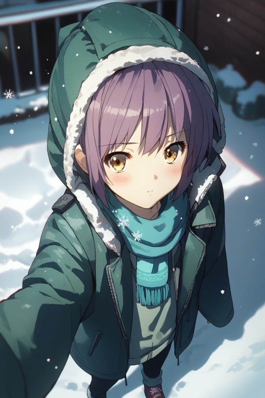 Snowflake - My, Anime, Stable diffusion, Art, Women, Nagato Yuki, Purple hair, Glasses, Milota, Artificial Intelligence, Sadness, Snowflake, Kyoto Animation, Swimsuit, Shyness, Longpost