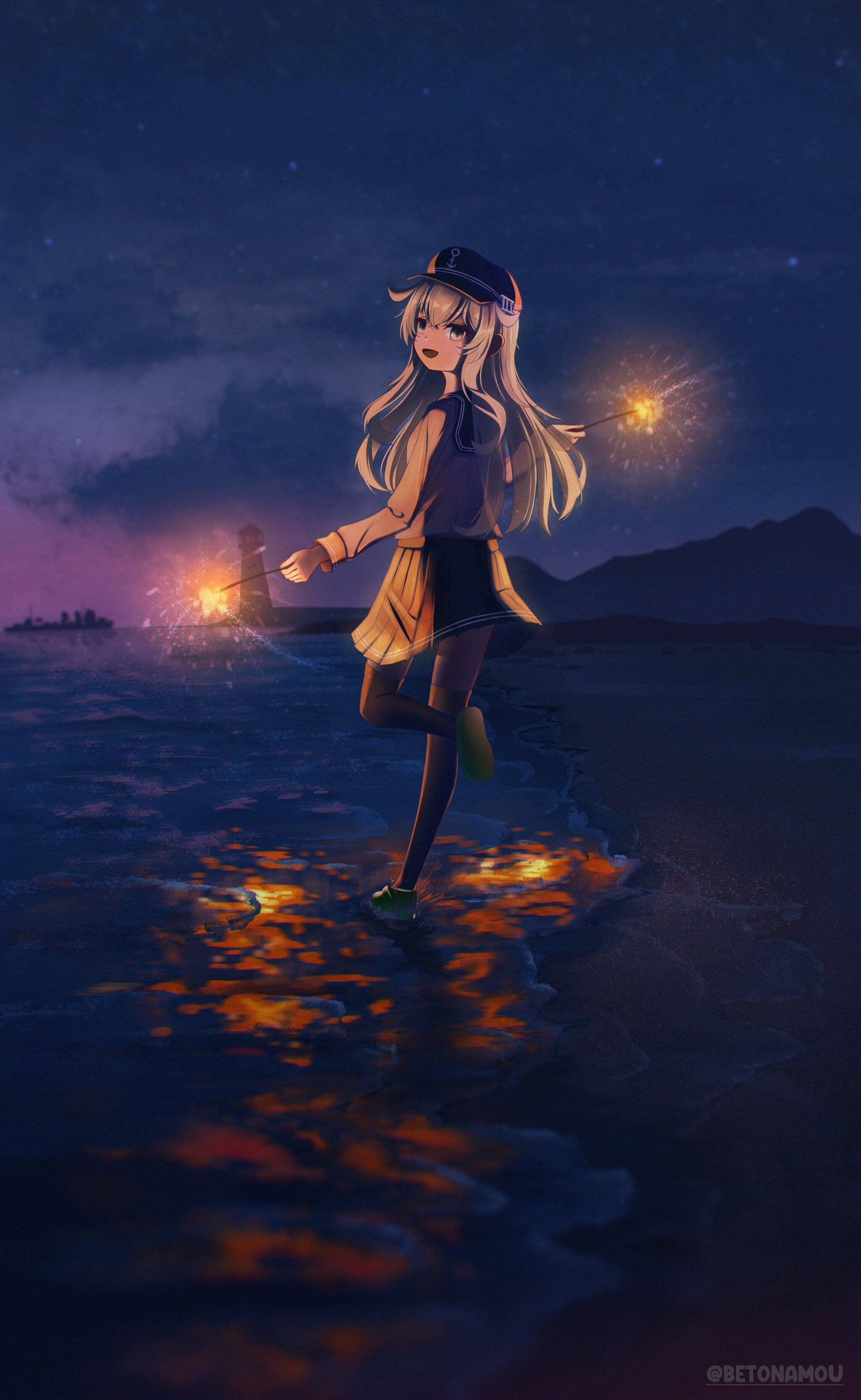 A fleeting dream - Kantai collection, Hibiki, Anime art, Game art, Anime, Games, Bengal lights, Sea, Surf, Night