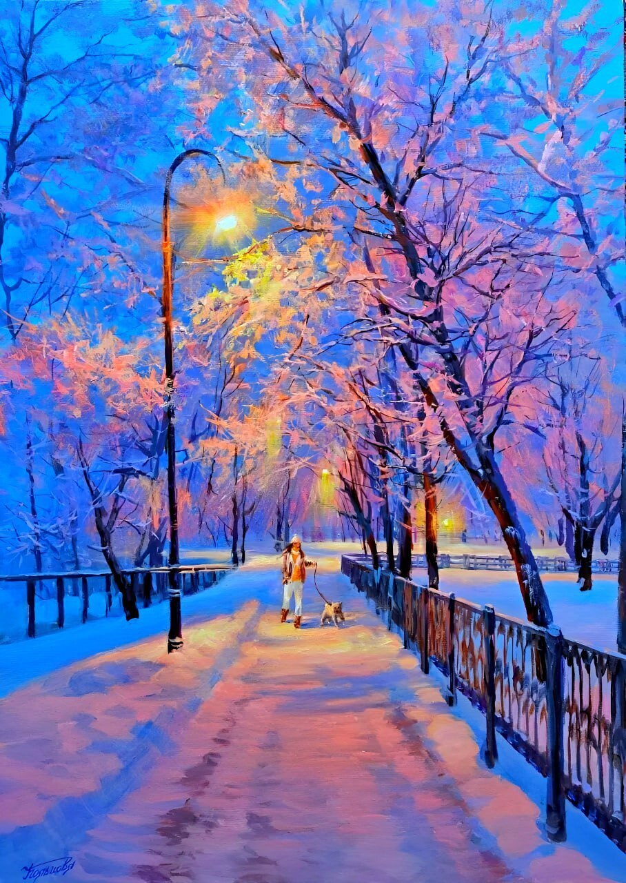 Walk - Art, Drawing, Girls, Dog, Winter, Lamp, The park, Walking