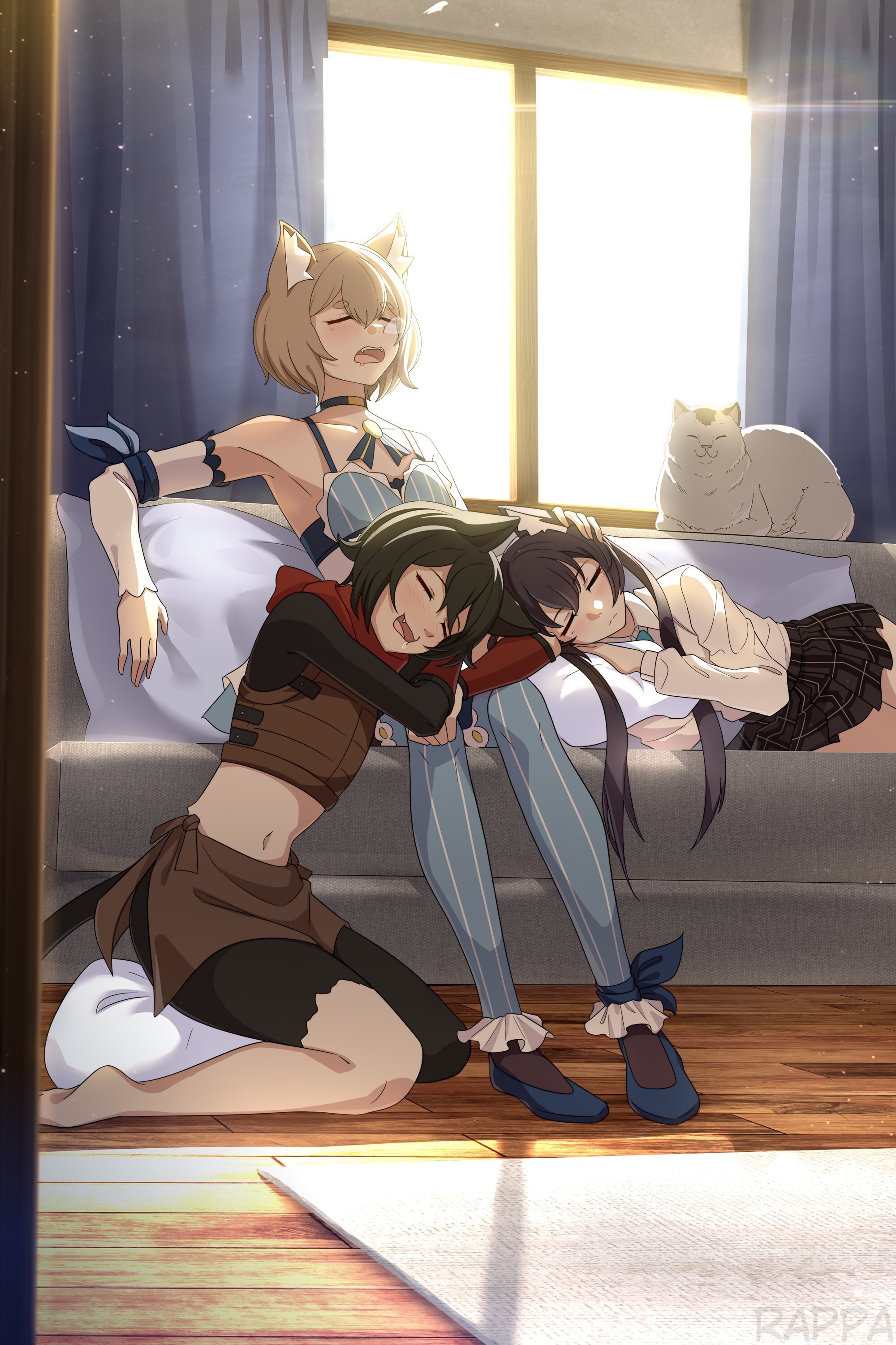 The cats fell asleep - Art, Anime, Anime art, Crossover, Re: Zero Kara, Felix argyle, Dungeon Meshi, Izutsumi, Chainsaw man, k-On, Azusa Nakano, Its a trap!