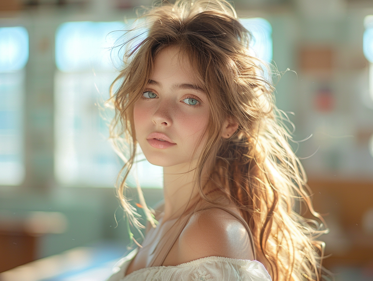 Spring innocence - My, Girls, The dress, Art, Bokeh, Brown hair, Shoulders, Neural network art, Midjourney, Green eyes, Tenderness, Original character