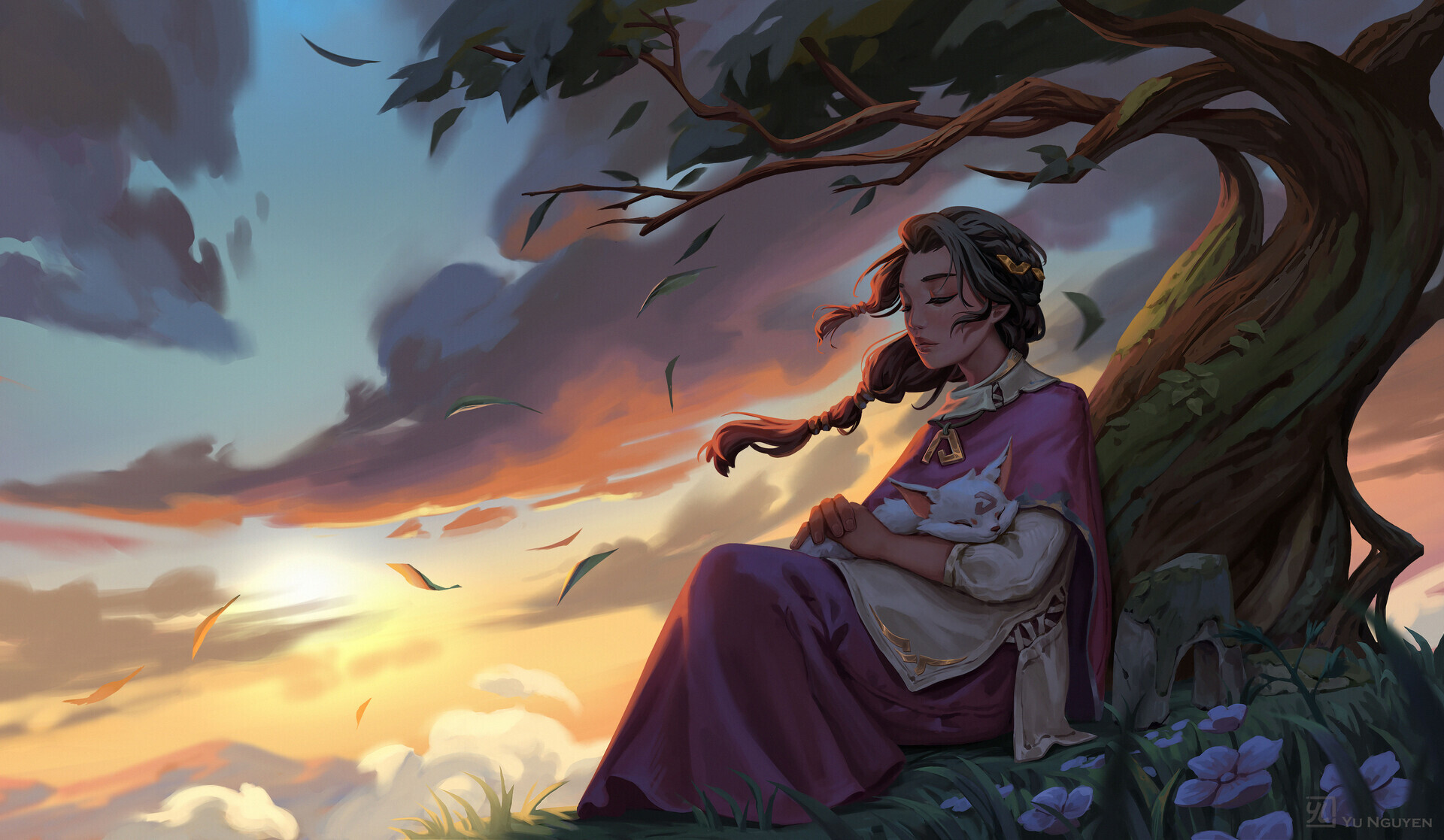 Sunset - Art, Drawing, Women, Tree, Clouds, Sunset