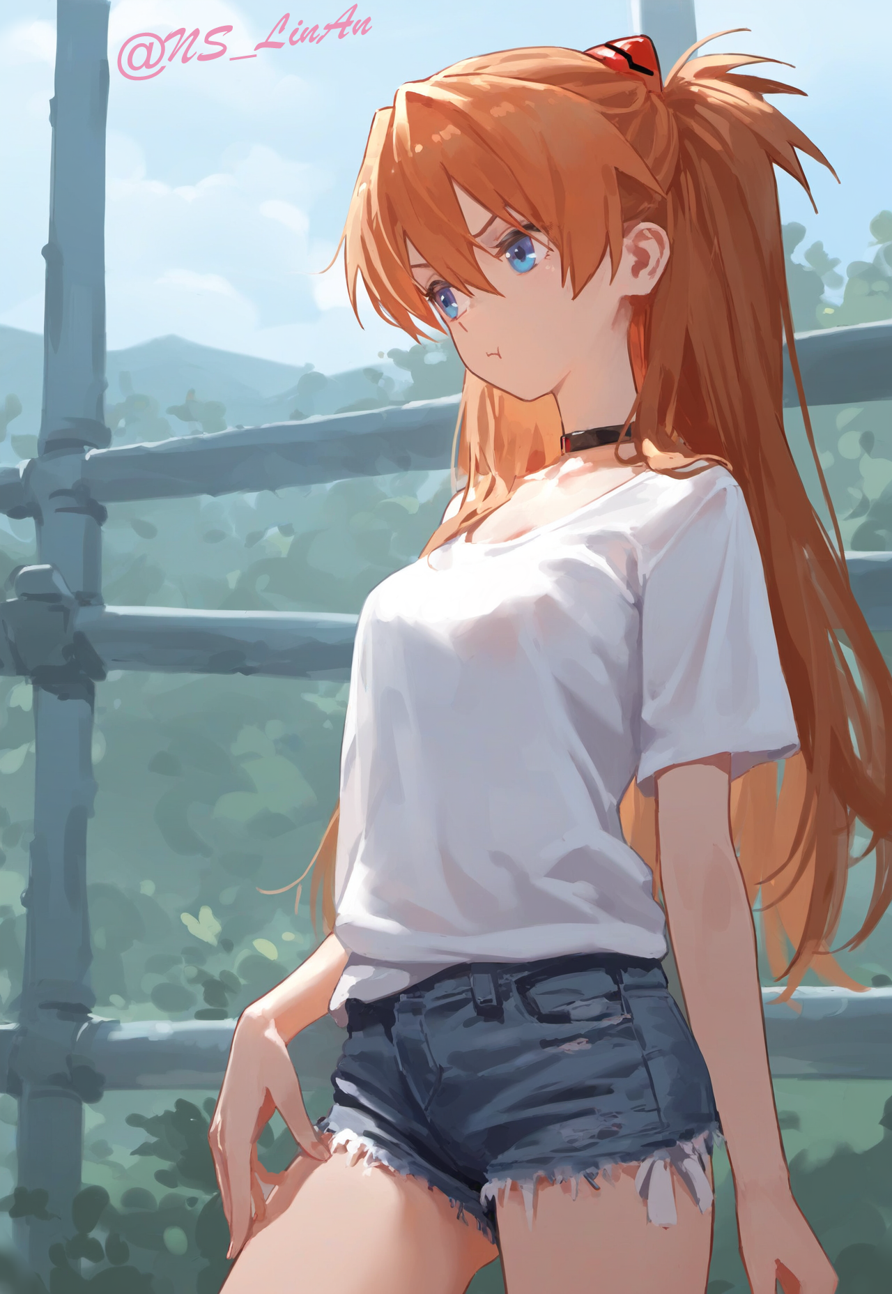 Аска - Evangelion, Asuka Langley, Anime Art, Аниме, Арты нейросетей, Девушки, Чокер, Шорты