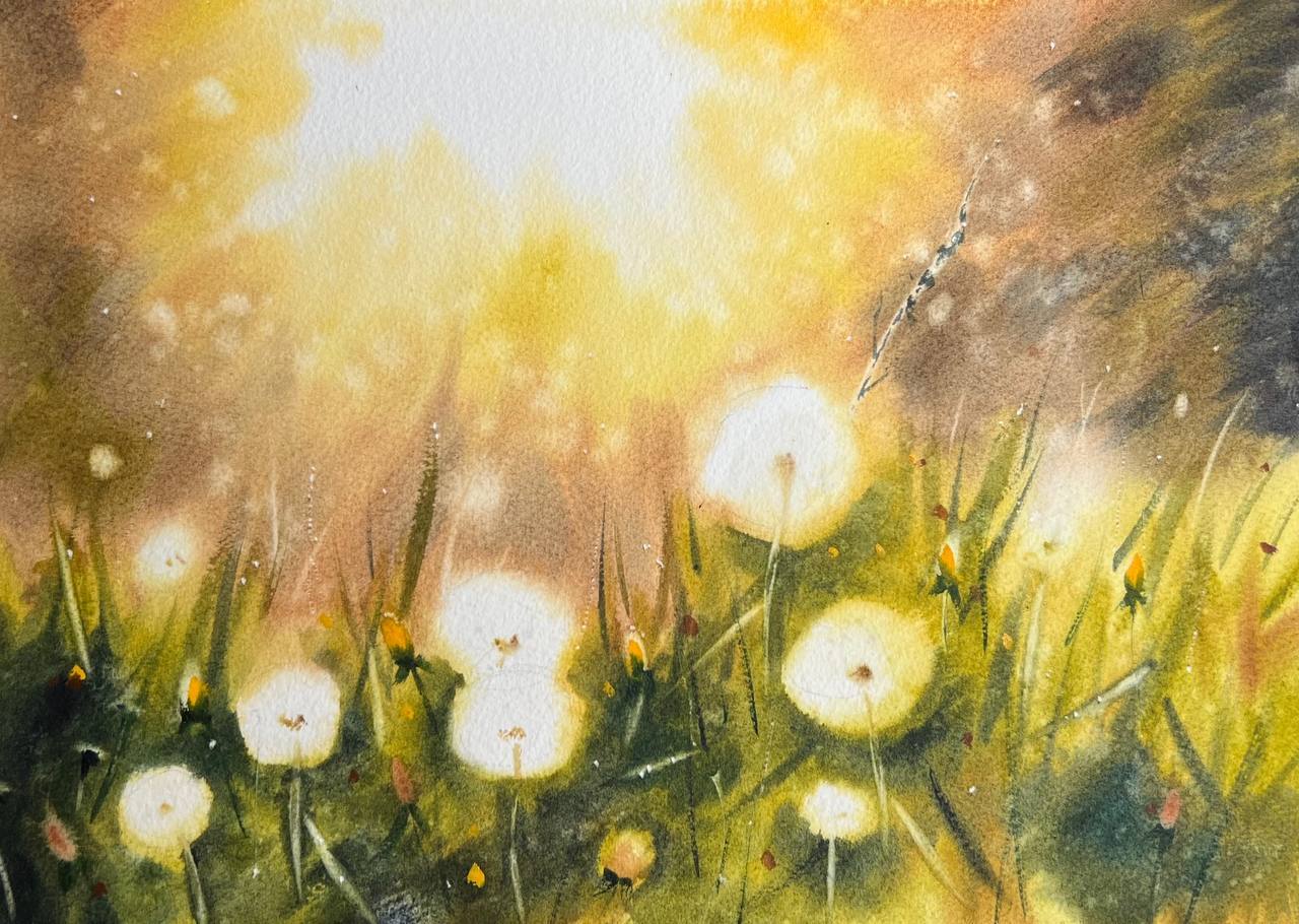 Watercolor. Dandelions - My, Painting, Watercolor, Graphics, Art, Landscape