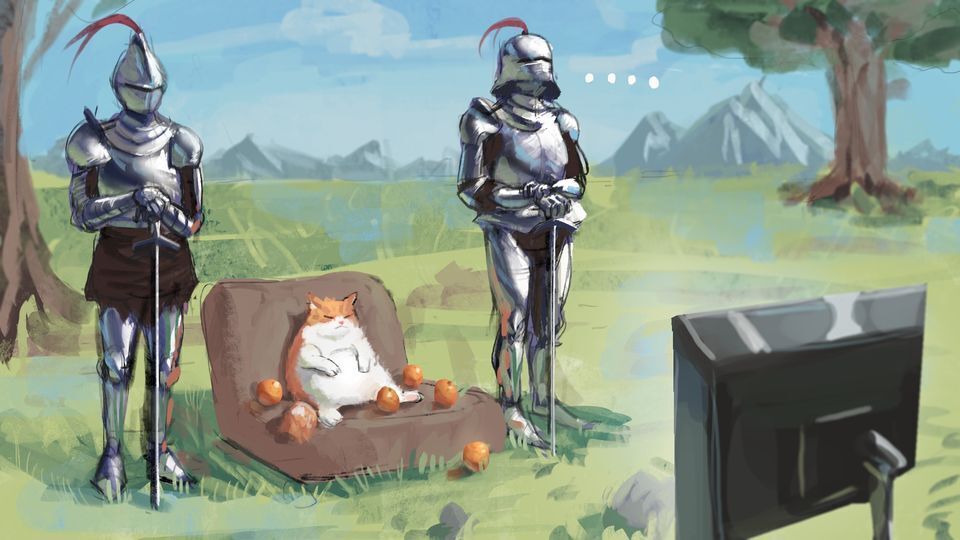 Cat and knights - Art, Drawing, cat, Knights, Armor, Longpost